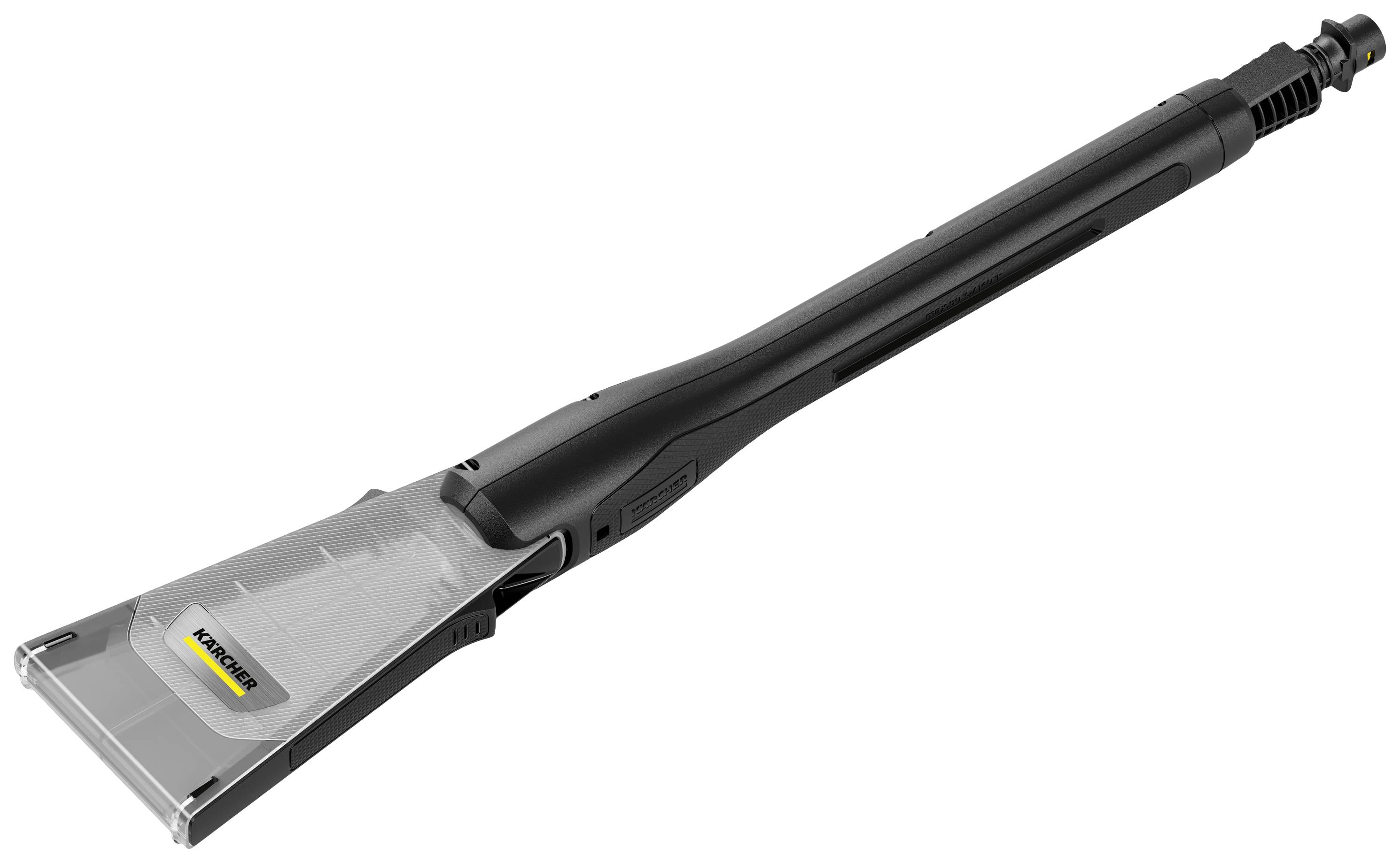 Ein schwarzes, langes Reinigungswerkzeug mit transparentem Aufsatz, vermutlich für die Fensterreinigung.