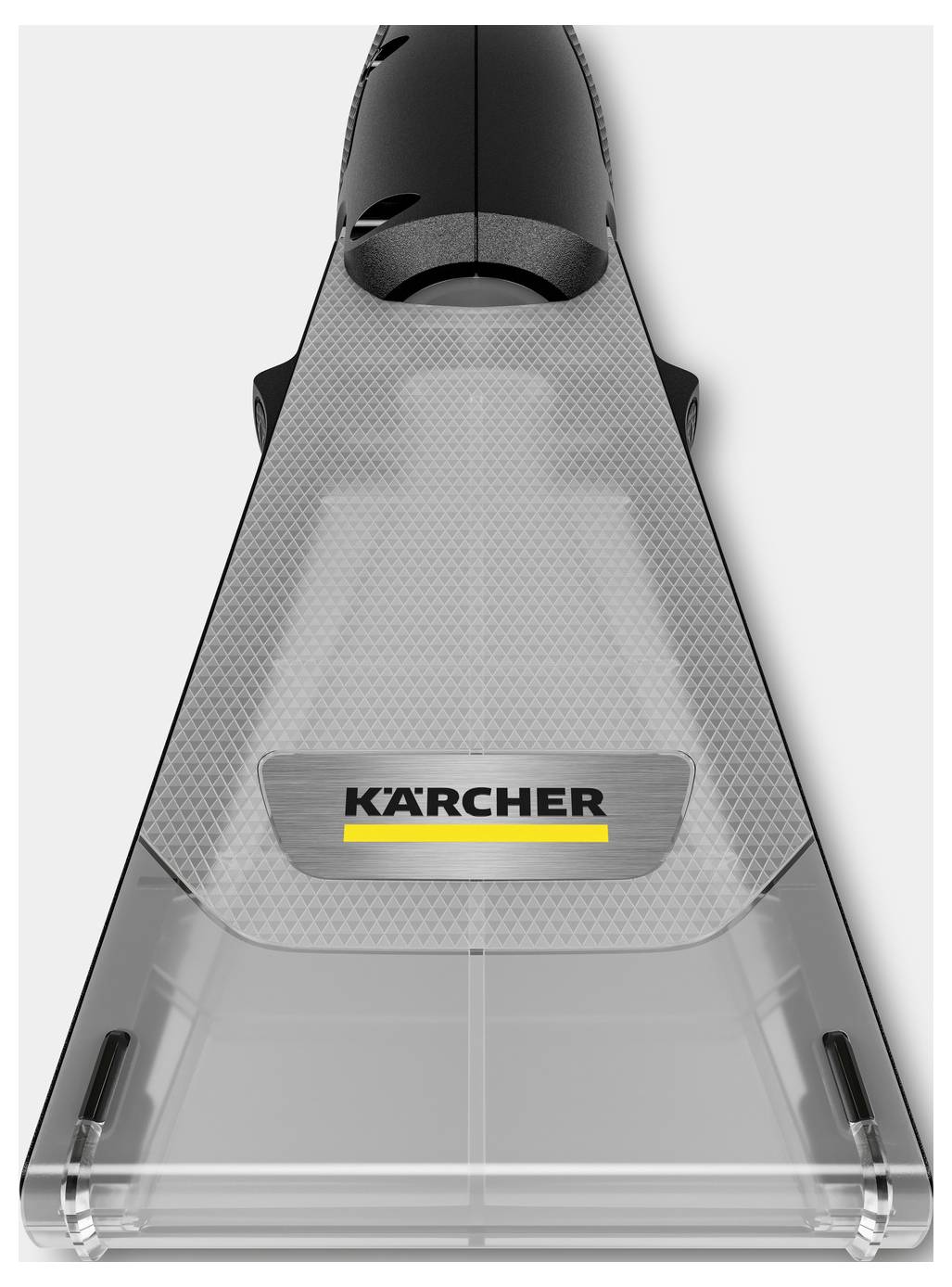 Bodenreinigungsgerät mit transparenter Düse und 'Kärcher' Logo. Überwiegend grau mit schwarzem Griff, entwickelt für effektive Oberflächenreinigung.