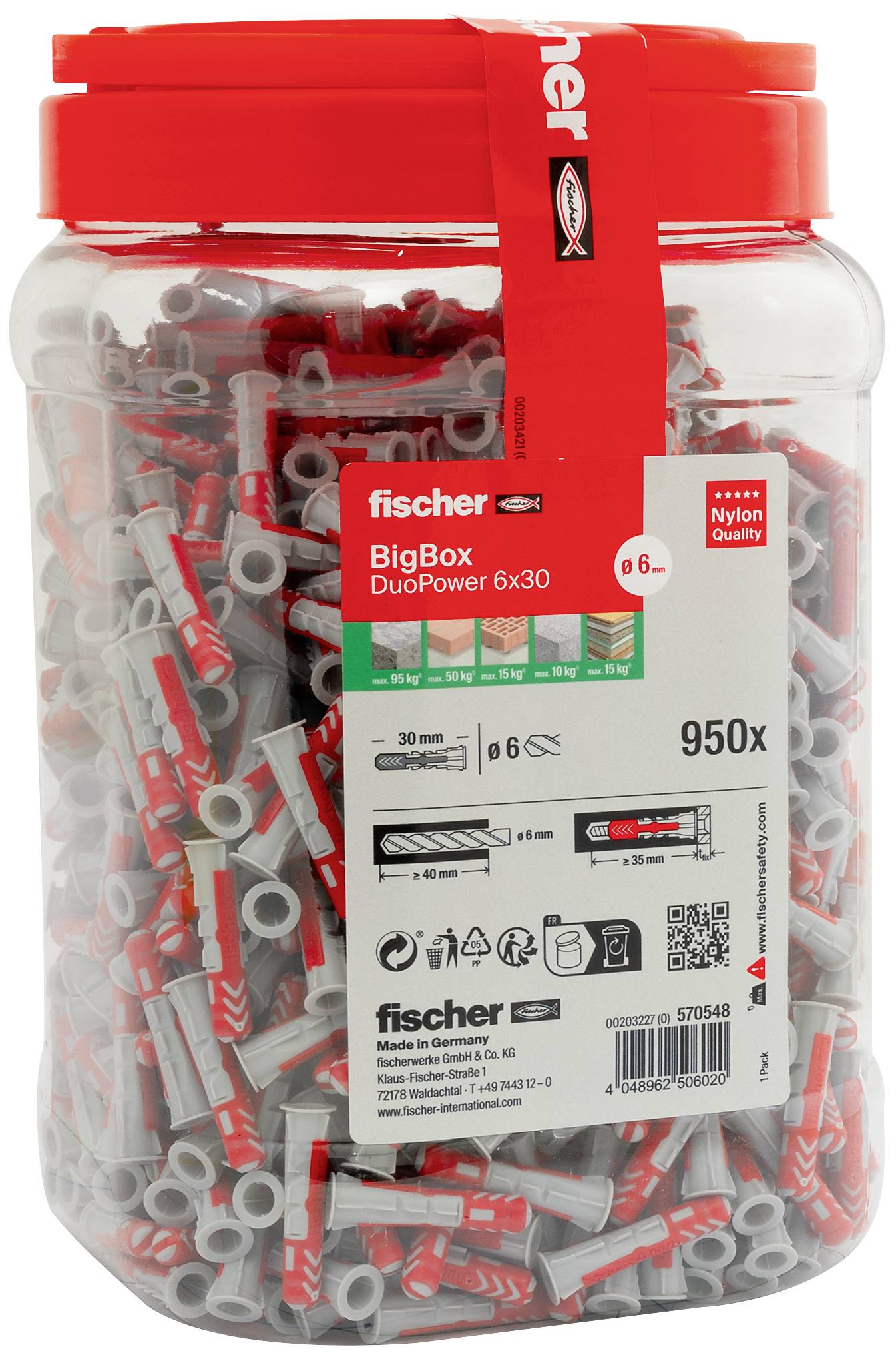 Eine fischer BigBox mit 950 Stück Nylon-Dübeln, Typ DuoPower 6x30 mm, in einem transparenten Behälter mit rotem Deckel.