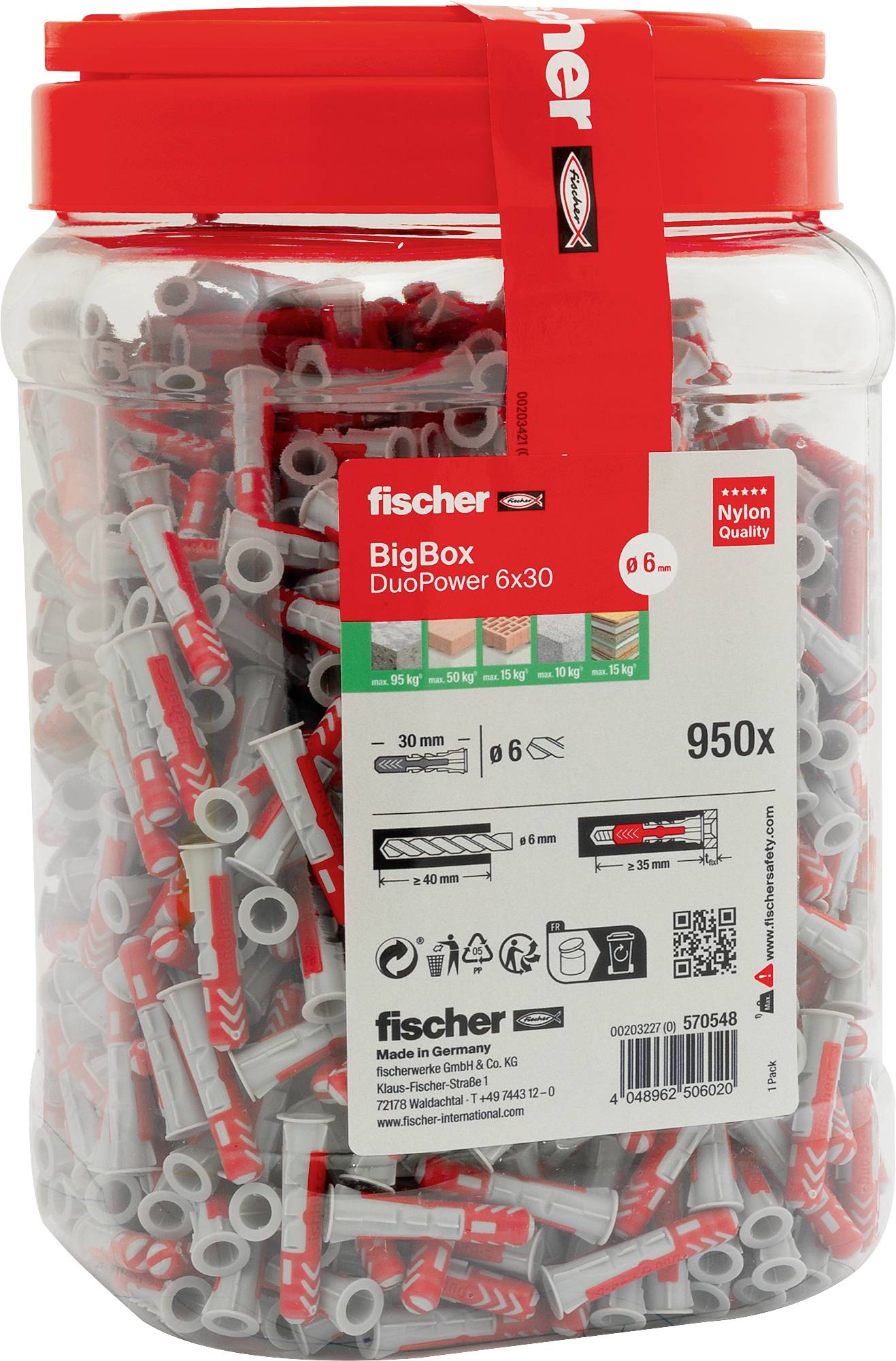 Behälter mit Fischer DuoPower Nylondübel, Größe 6x30 mm, mit 950 Stück. Rot- und Graudesign auf den Dübeln, gekennzeichnet für Langlebigkeit.