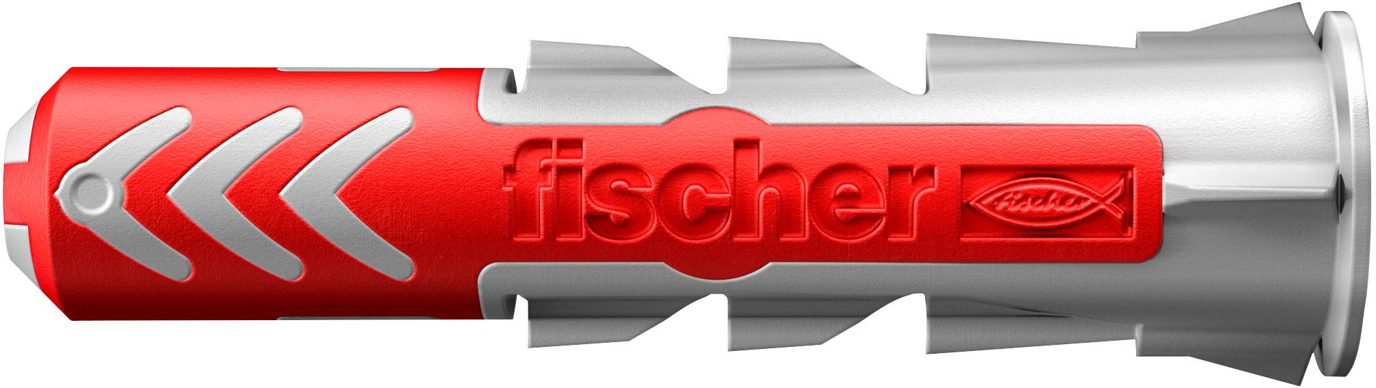 Ein rot-silberner Fischer-Wanddübel mit Pfeilmustern und dem embossierten Fischer-Logo, verwendet zum Befestigen von Objekten an Wänden.