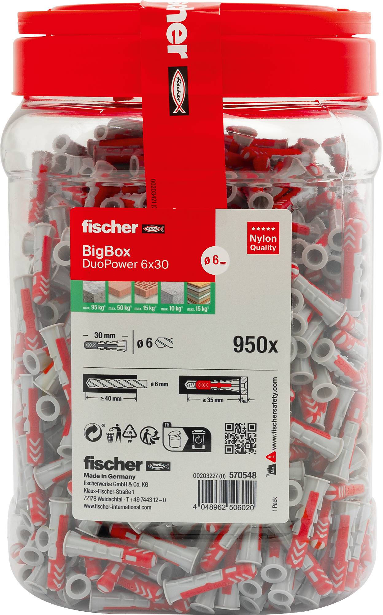 Ein Behälter mit 950 fischer DuoPower 6x30 Dübeln, mit roter und grauer Farbe, geeignet für verschiedene Wandmaterialien.