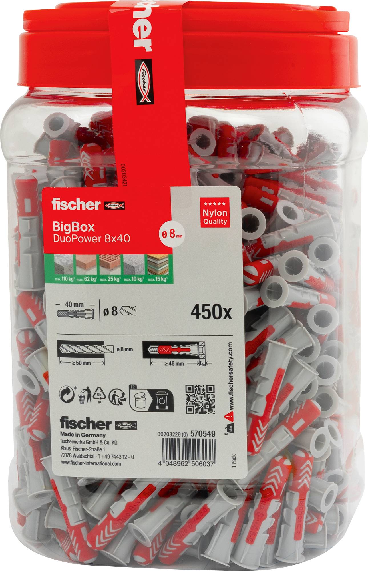 Behälter mit Fischer Kunststoffdübeln aus Nylon mit Modellbezeichnung 