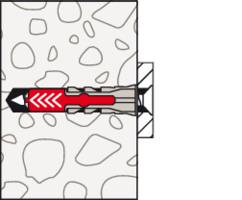 Querschnittsdiagramm, das einen Ankerschraubbolzen mit roter Spitze zeigt, der in einer Steinmauer befestigt ist und seinen Platzierungsmechanismus und Expansionsmechanismus veranschaulicht.