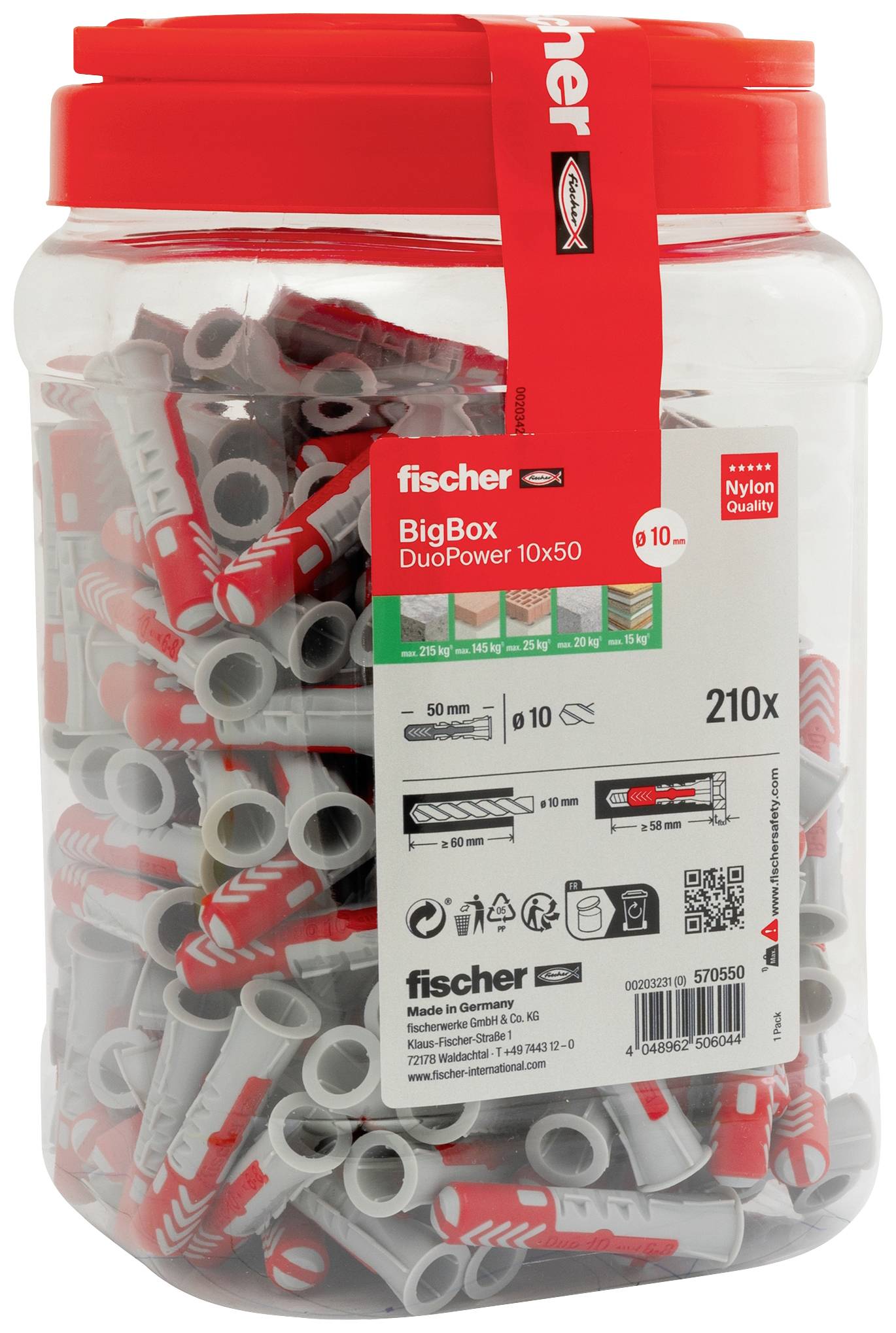 Eine große Plastikbox mit 210 Fischer DuoPower-Dübeln, Größen 10x50 mm. Die Box hat einen roten Deckel und eine Etikette mit Produktinformationen.
