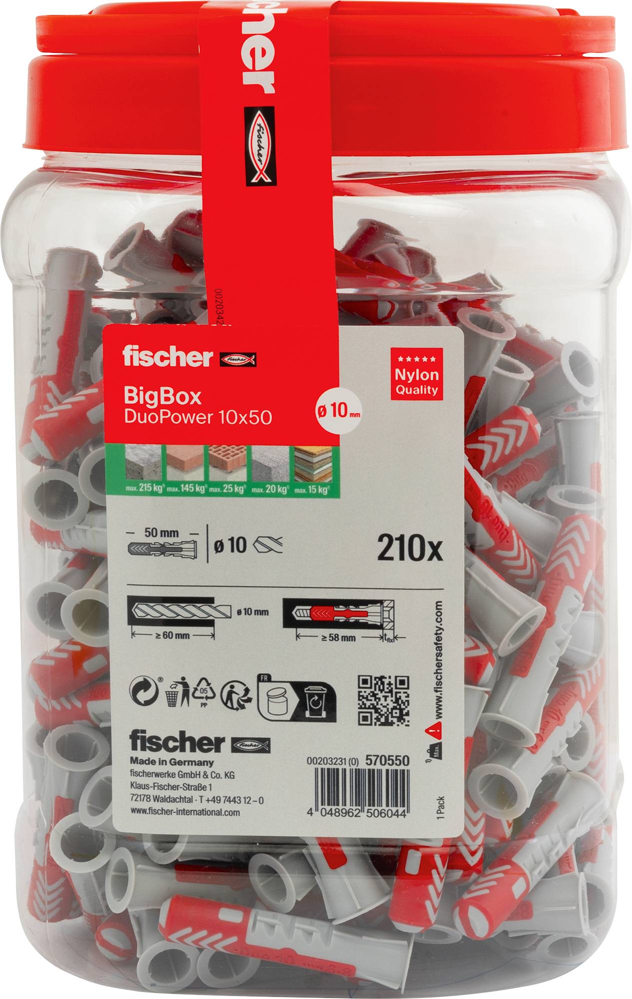 'Fischer BigBox DuoPower 10x50', rote und graue Dübel in einem durchsichtigen Behälter, mit Details gekennzeichnet: 210 Stück, 50mm Länge, Nylon-Qualität.