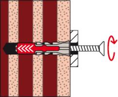 Diagramm einer Schraubankerinstallation in rot-beige gestreiftem Material, das zeigt, wie der Anker expandiert, sowie eine Drehung im Uhrzeigersinn.