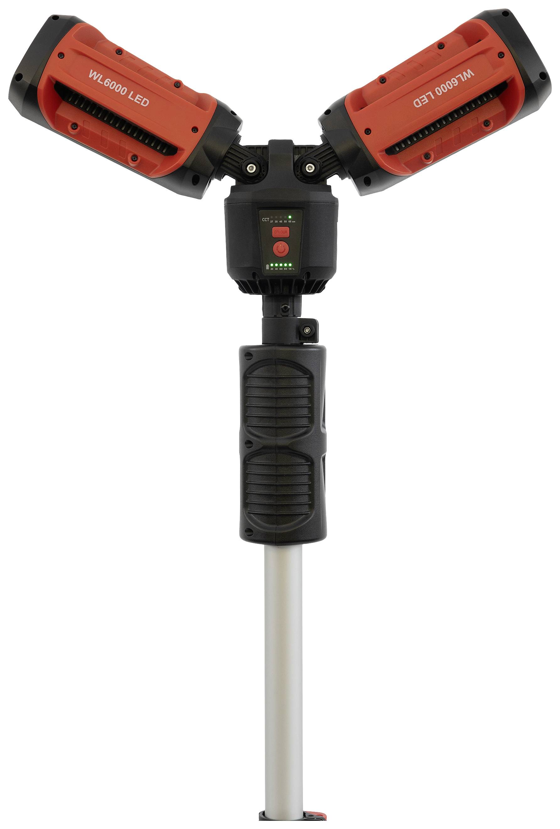 Zwei faltbare LED-Strahler in Rot und Schwarz auf einem stabilen Ständer. Die Lampen sind symmetrisch angeordnet und dienen zur Beleuchtung.