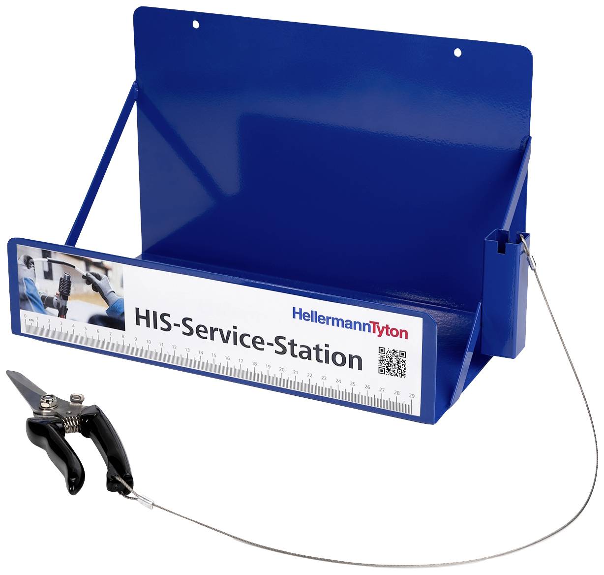 Blaue HIS-Service-Station von HellermannTyton zur Aufbewahrung, inklusive Abrollvorrichtung und Kabelschneider mit Draht.