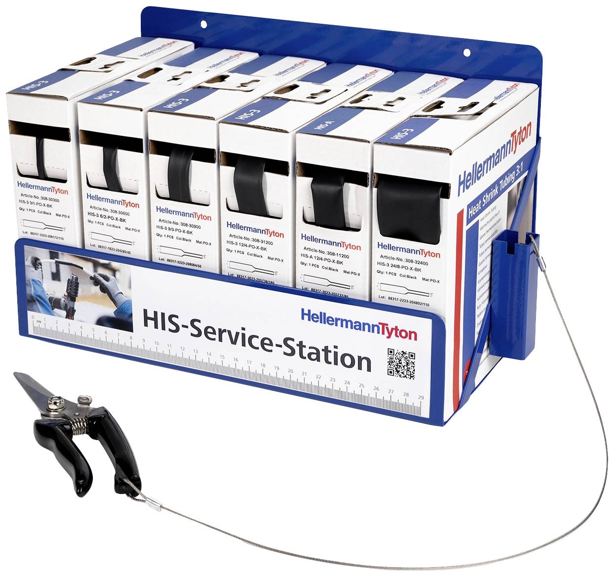 Eine blaue Box mit der Aufschrift 'HIS-Service-Station' enthält mehrere Spenderrollen mit schwarzem Kabelabdeckband von HellermannTyton.