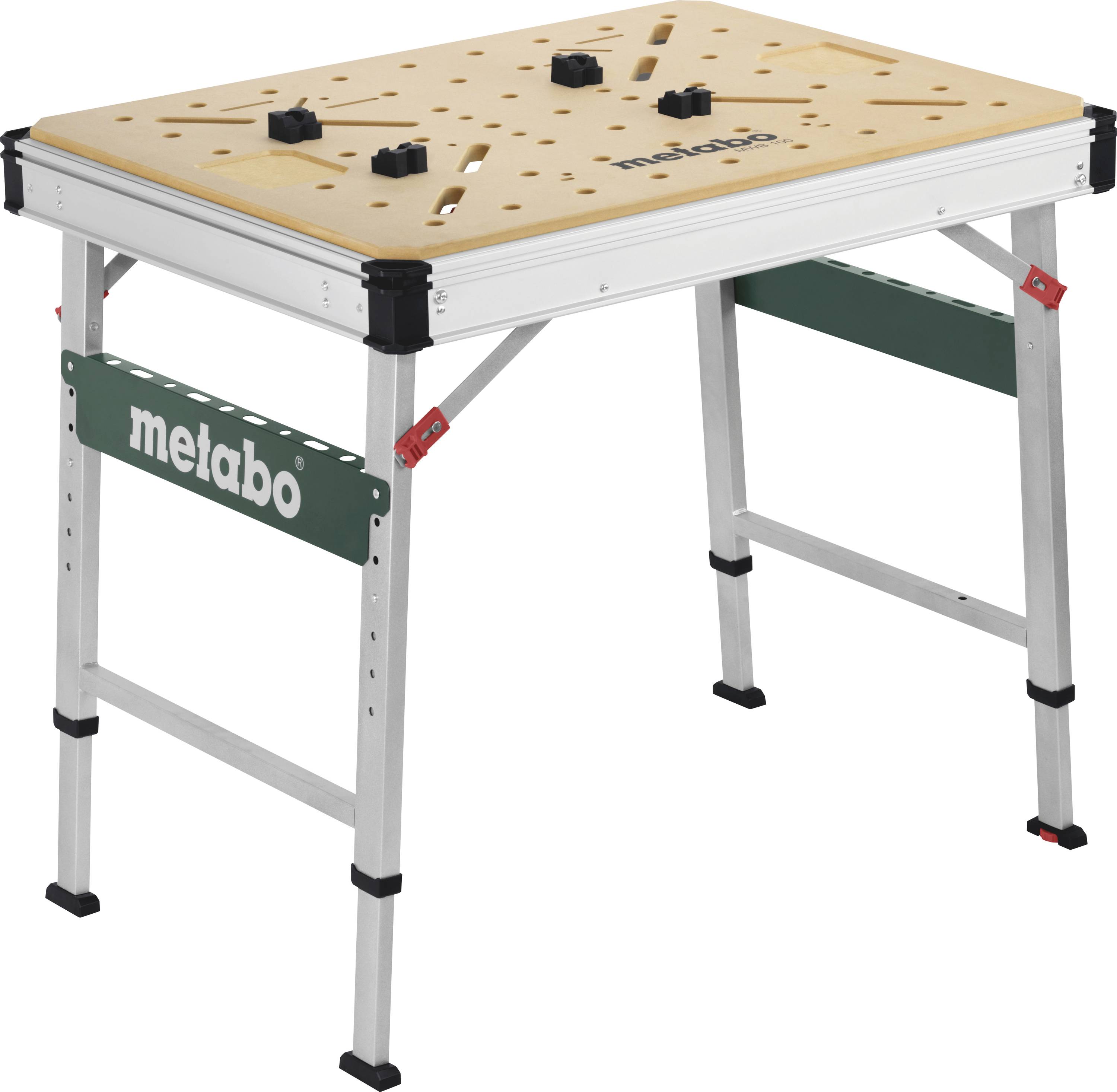 Arbeitstisch von Metabo mit verstellbaren Beinen und Holzoberfläche, geeignet für handwerkliche Arbeiten und Projekte.