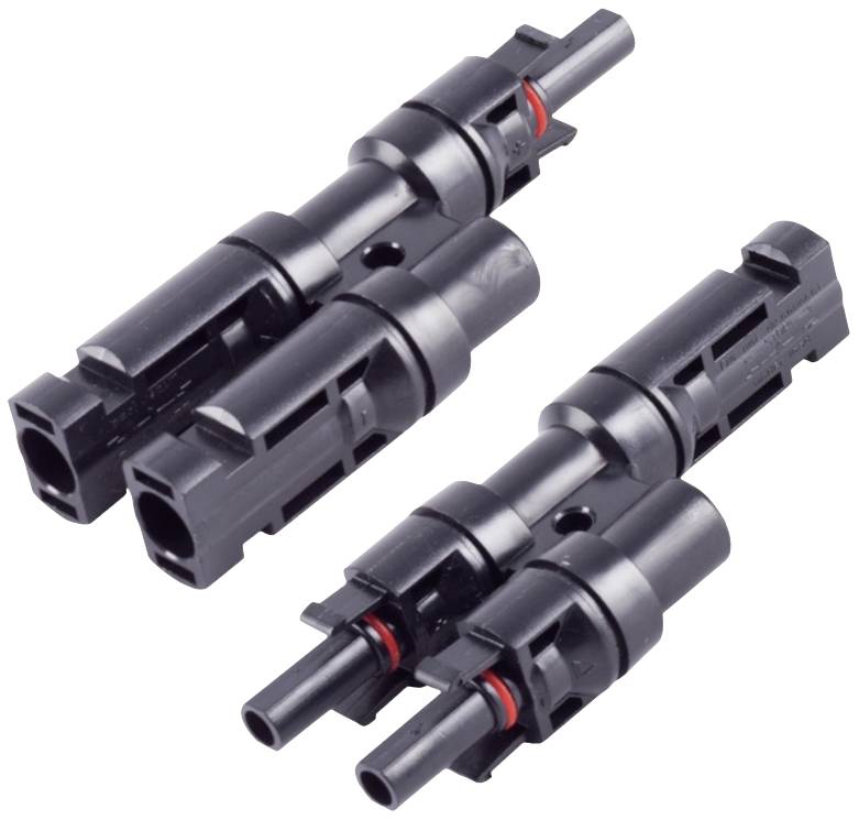 Zwei schwarze Kunststoffstecker mit roten Dichtungsringen, nebeneinander liegend, ohne zusätzliche Dekoration.