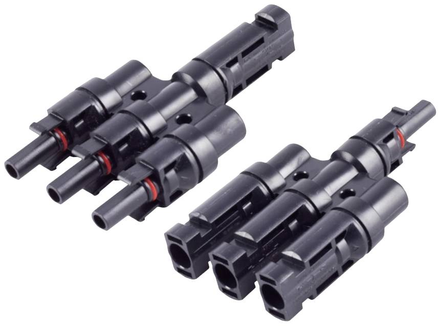 Zwei schwarze Solarkabelstecker, geeignet für Photovoltaikanlagen zur elektrischen Verbindung von Solarmodulen.