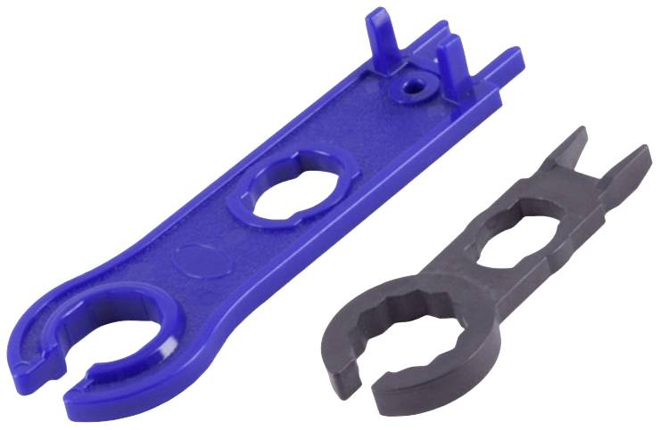 Zwei bunte Kunststoffwerkzeuge, die für die Demontage oder Montage von Bauteilen verwendet werden können.