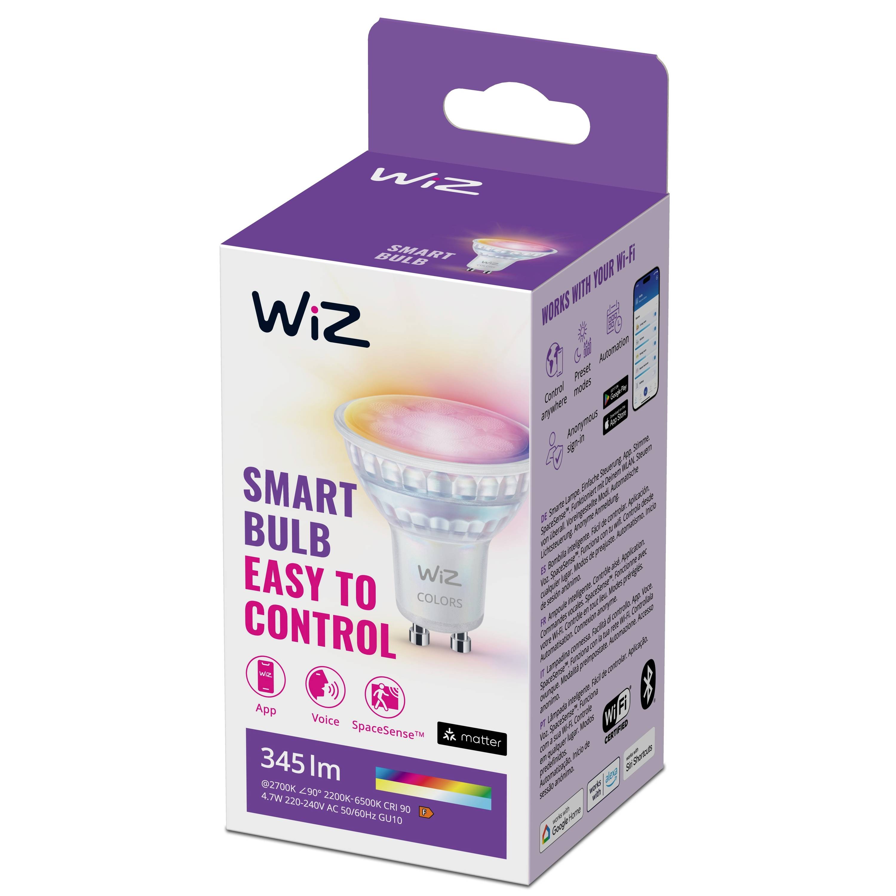 'Wiz Smart Bulb'-Verpackung in Lila und Weiß. Bietet Sprachsteuerung und App-Kontrolle. 345 Lumen, kompatibel mit verschiedenen Systemen.