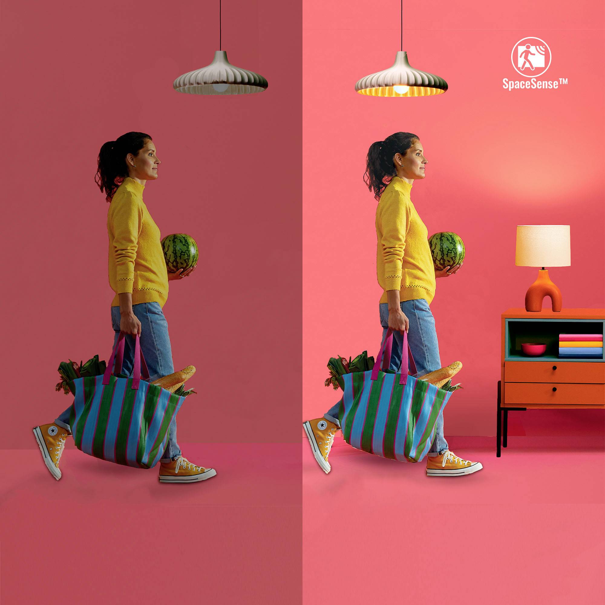 Die Frau trägt einen gestreiften Beutel und hält einen grünen Ball. Im Hintergrund ein orangefarbenes Sideboard und eine Lampe.
