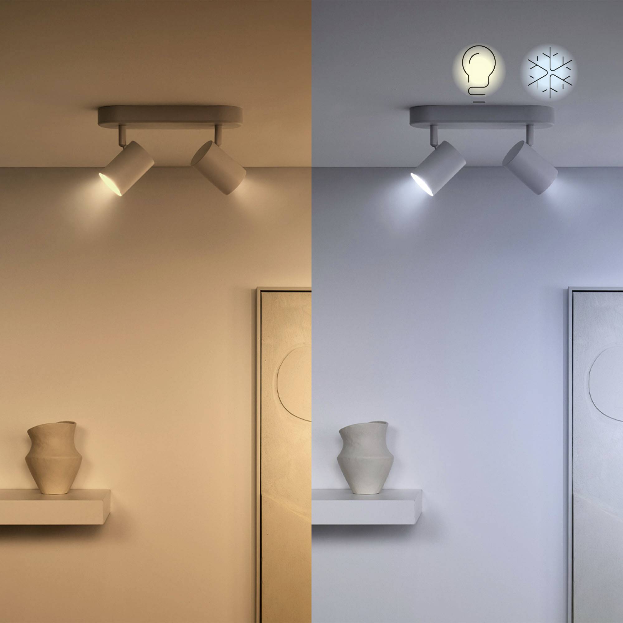 Ein Raum mit zweifarbiger Beleuchtung: links warmes Licht mit Glühbirnen-Symbol, rechts kaltes Licht mit Schnee-Symbol.