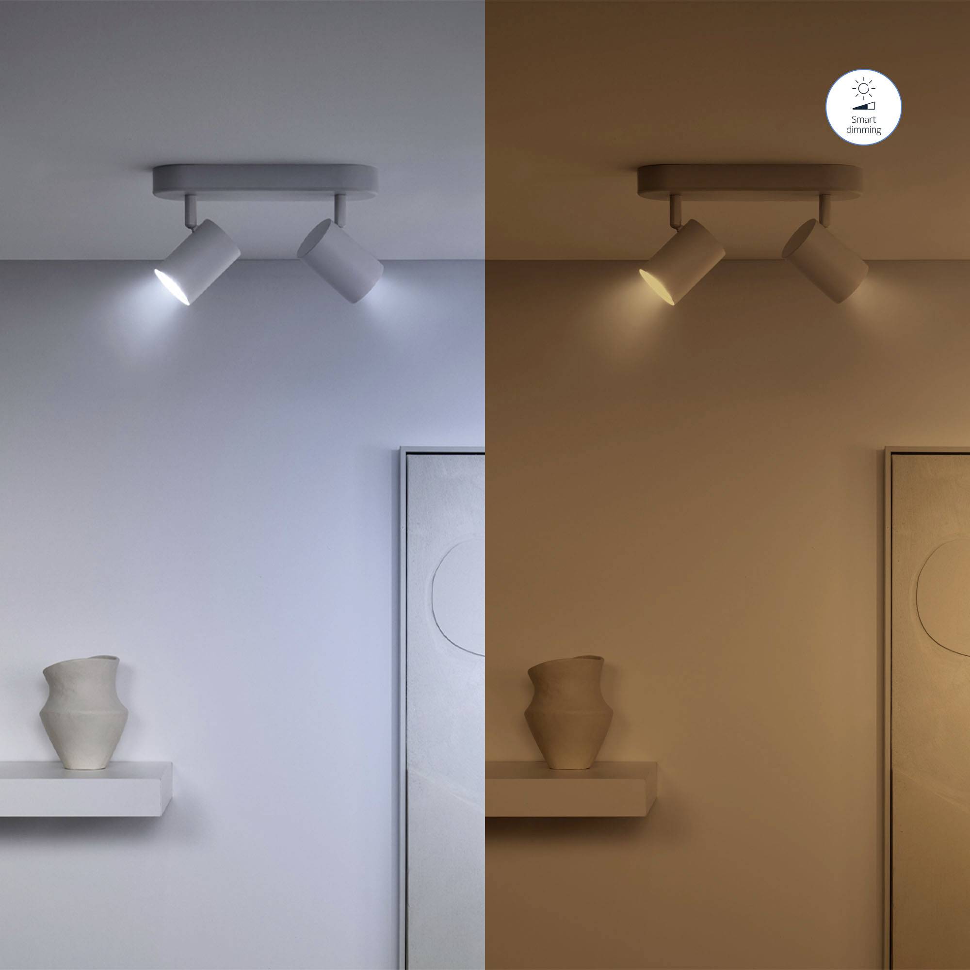 Ein Wandregal mit einem Gefäß darunter. Links kühles blaues Licht, rechts warmes gelbes Licht. Deckenlampe mit zwei Strahlern.