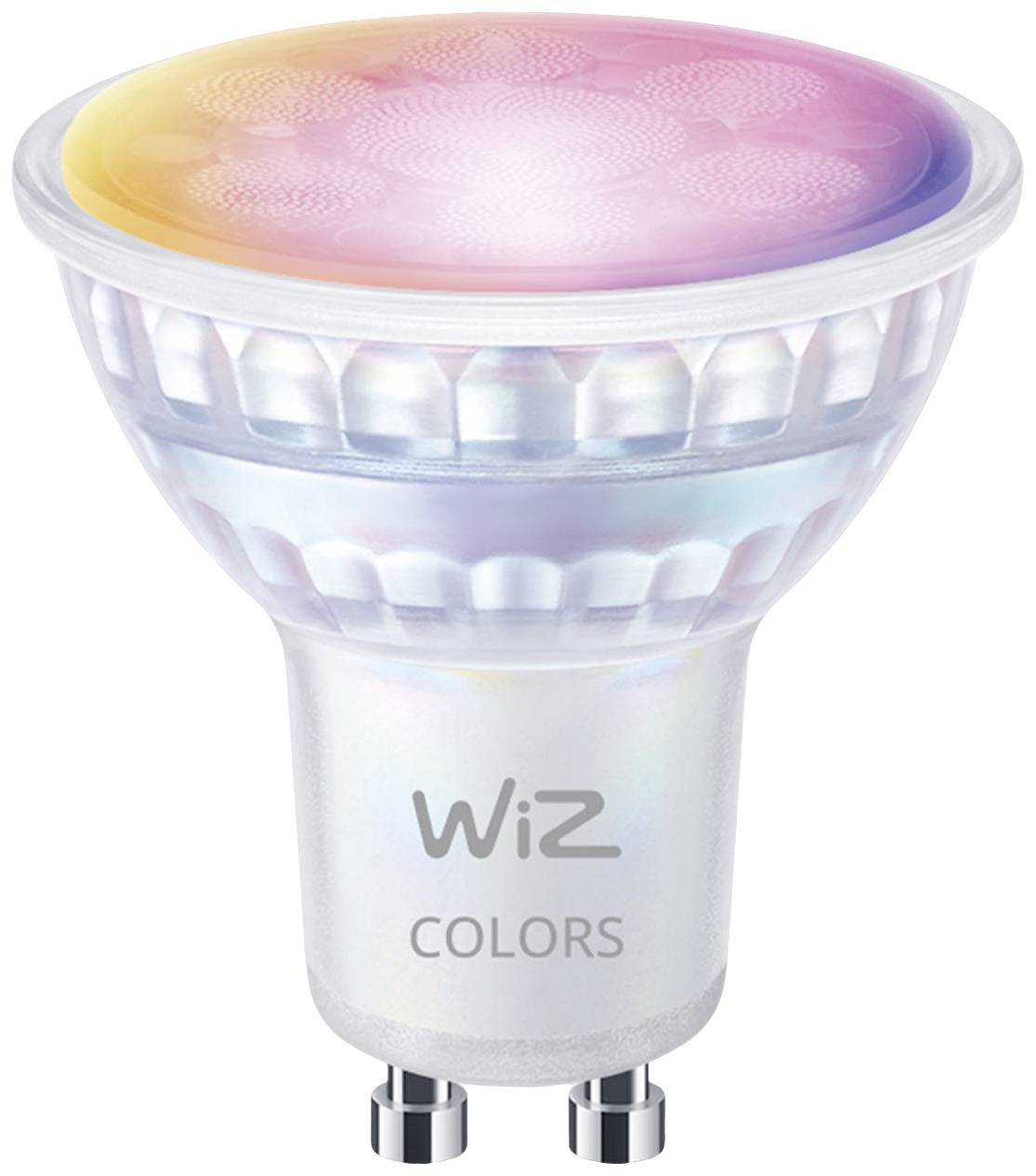 Eine WiZ LED-Lampe mit GU10-Sockel, die in verschiedenen Farben leuchten kann, geeignet für smarte Beleuchtung.