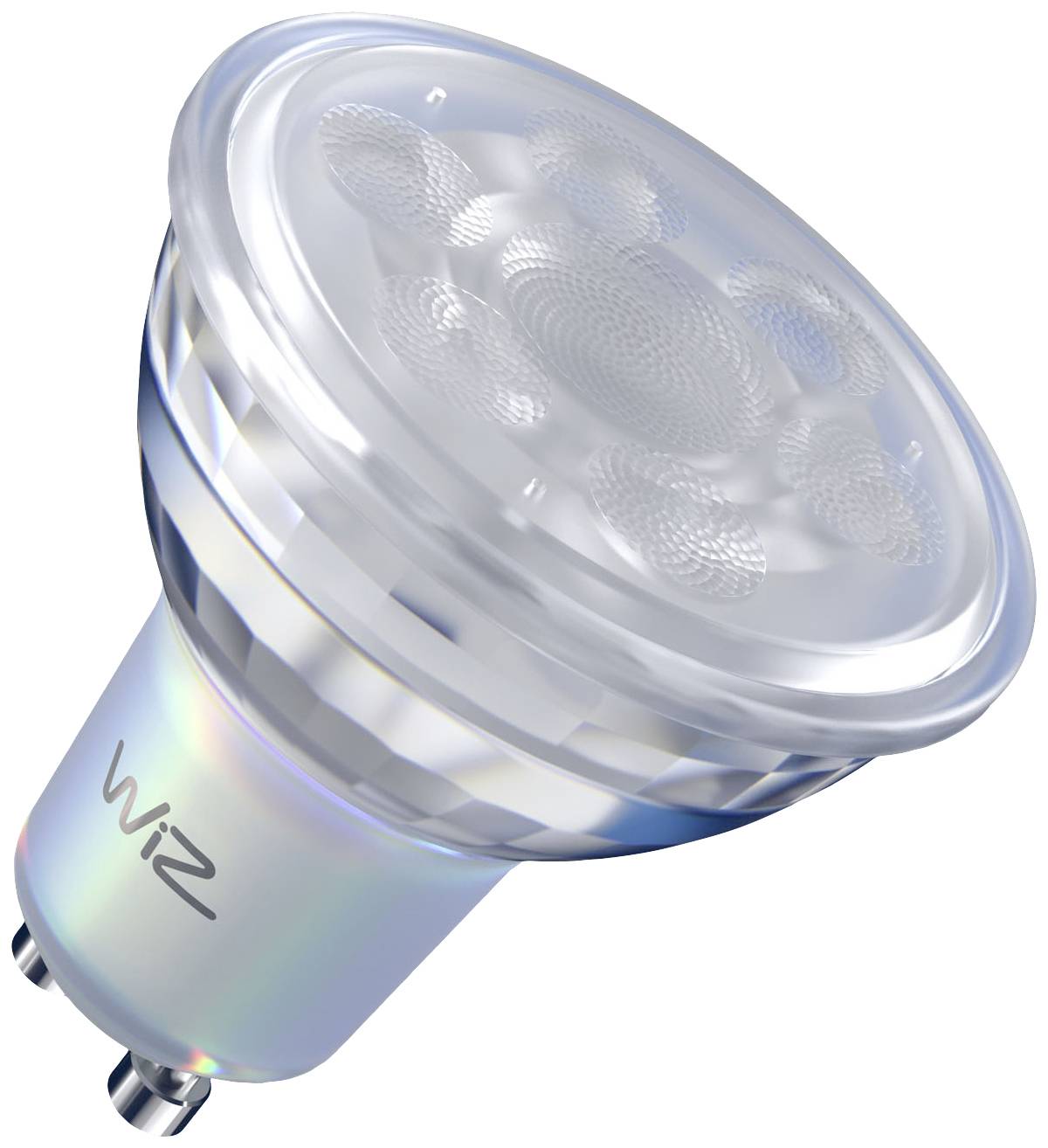 Eine LED-Glühbirne mit GU10-Sockel, markiert mit 'WiZ', zeigt spiralförmige Leuchtelemente auf der Oberseite.