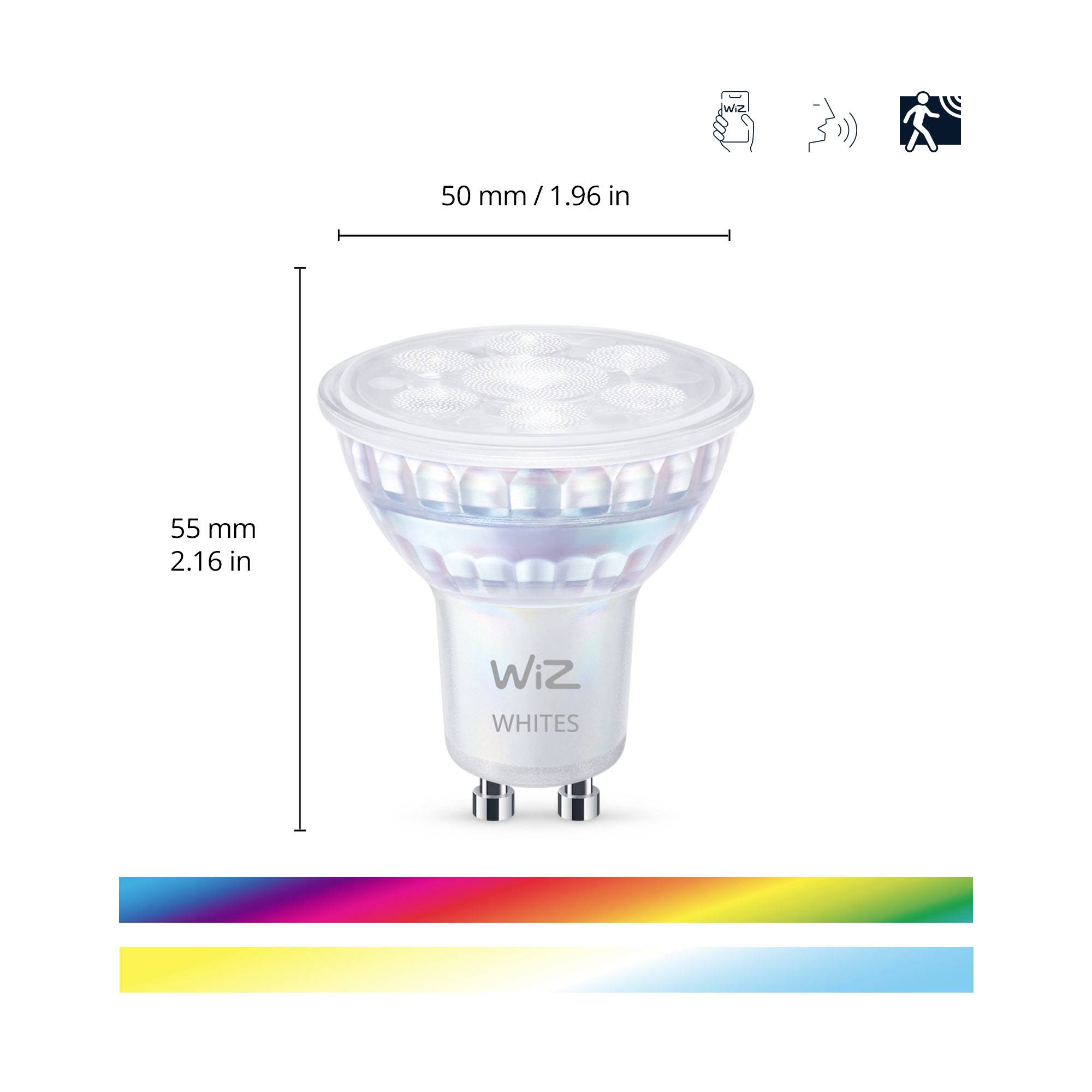 Eine WiZ LED-Glühbirne mit den Maßen: 50 mm Durchmesser, 55 mm Höhe. Zeichnungen zeigen Sprach- und App-Steuerung. Farbspektrum unten.