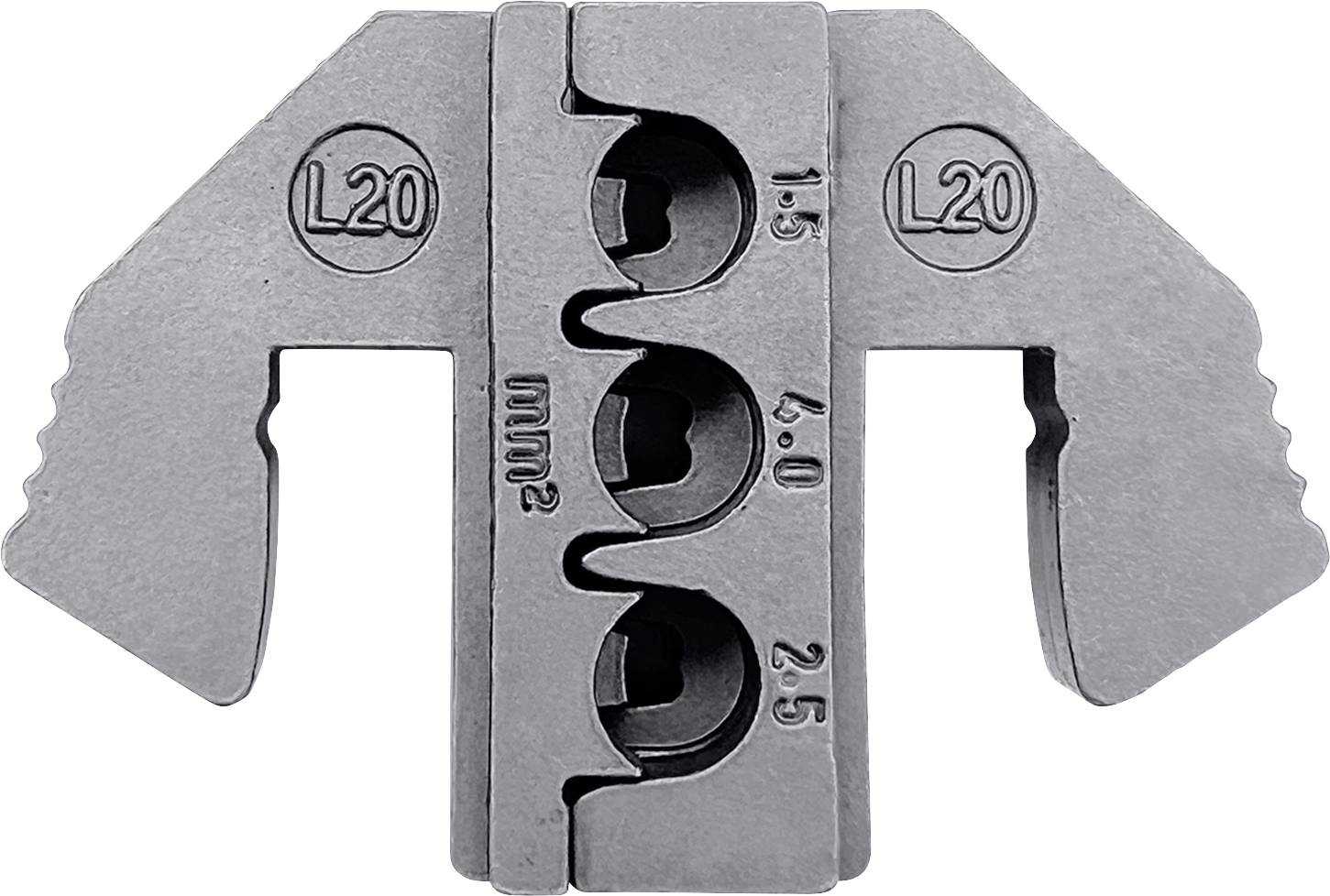 Stanzwerkzeug aus Metall, gekennzeichnet mit 'L20', zeigt Aussparungen für Drähte unterschiedlicher Stärke: 1,5, 2,5, 4,0 mm².