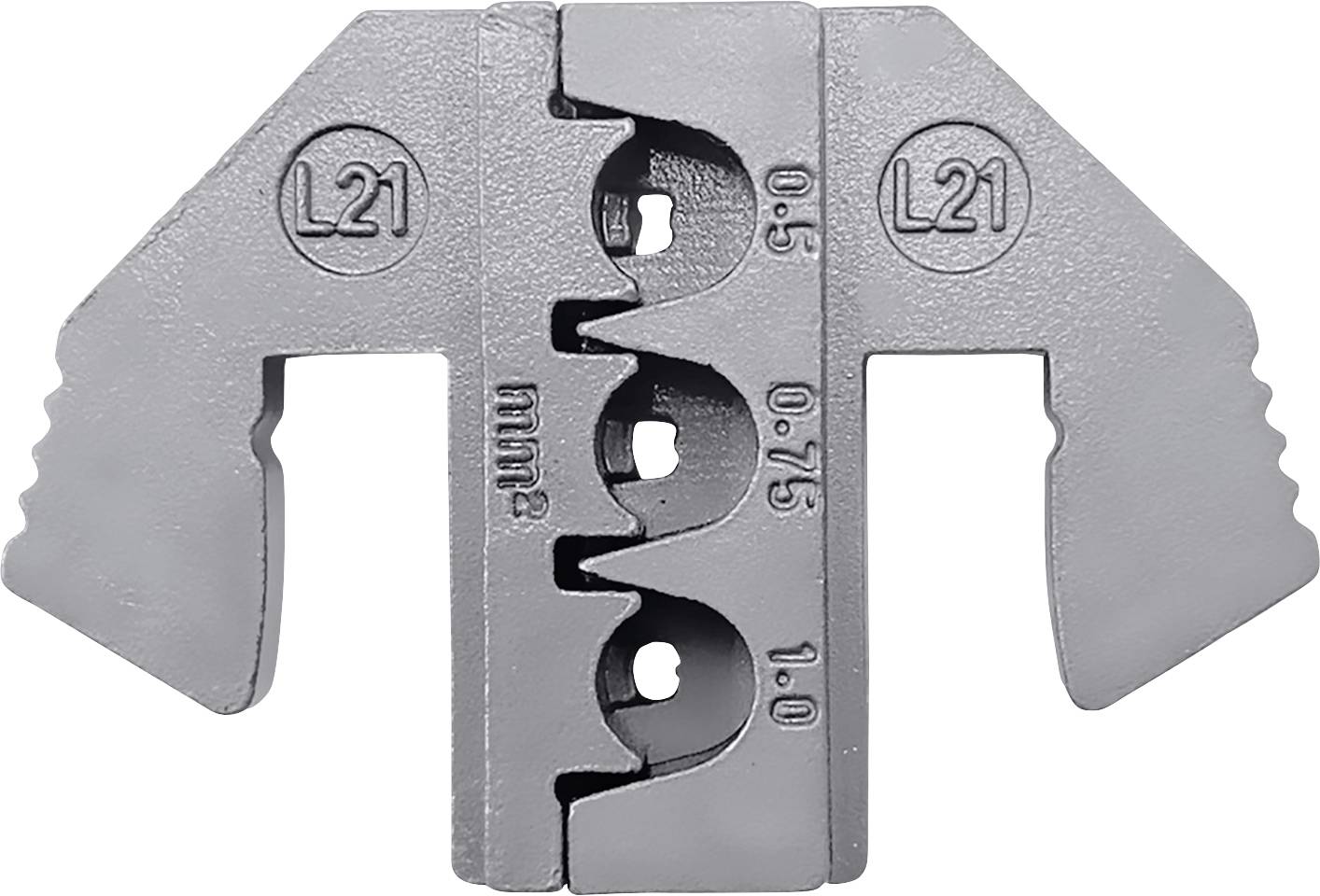 Ein graues Metallwerkzeug mit vier runden Öffnungen, die mit '0.1', '0.75', '0.5' und 'unité' gekennzeichnet sind. Geeignet für Kabelklemmen.