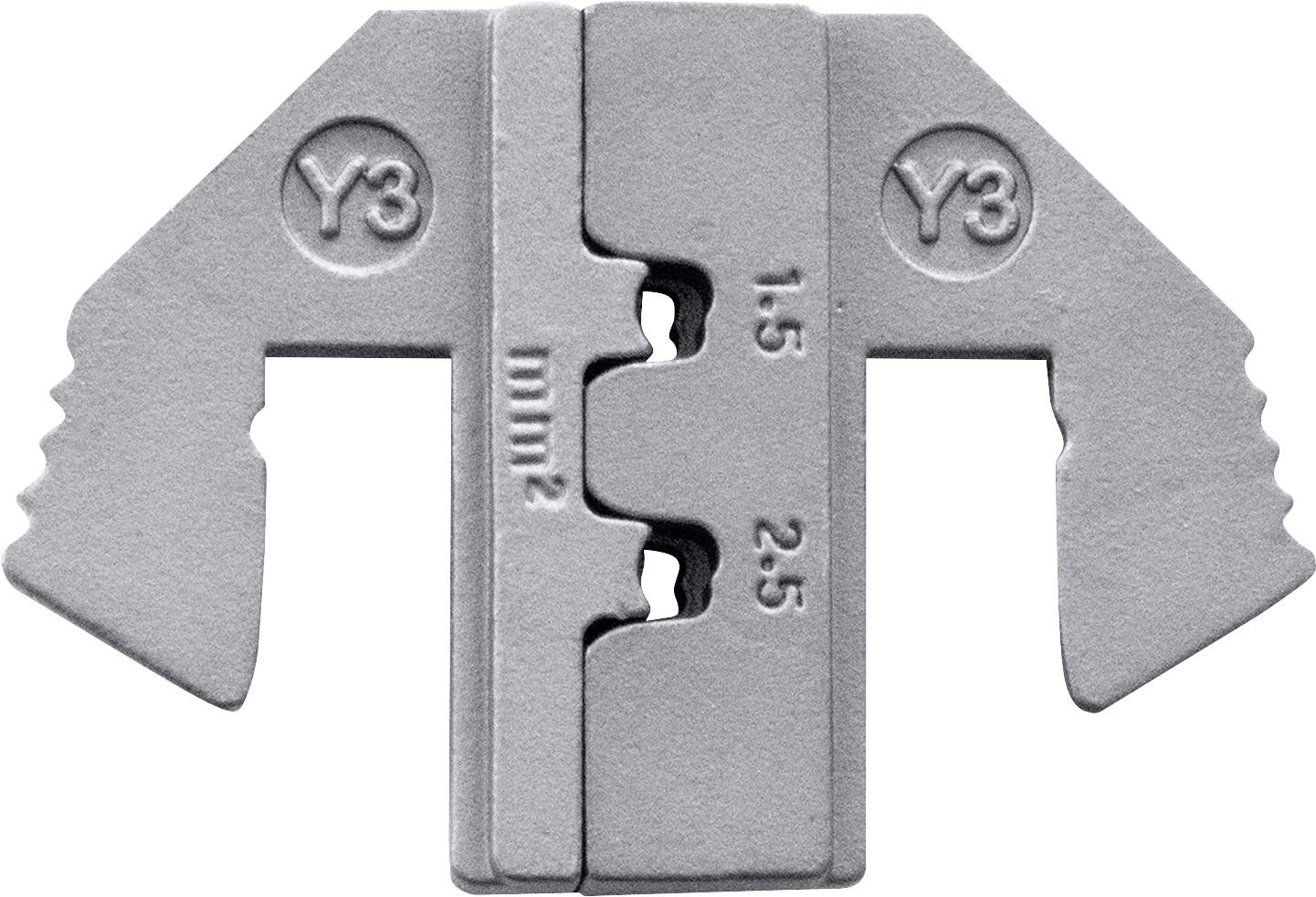 Metallstück mit Y3-Prägung, zeigt verschiedene Kabelquerschnitte: 1.5 mm² und 2.5 mm².