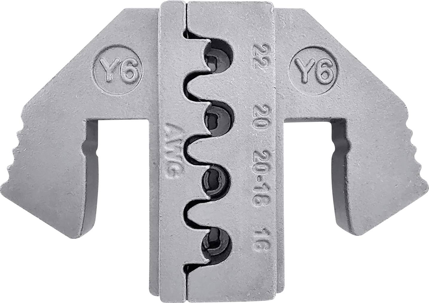 Metallteil mit geriffelten Kanten und mehreren kreisförmigen Einkerbungen in der Mitte. Beschriftet mit 'Y6' und AWG-Nummern.