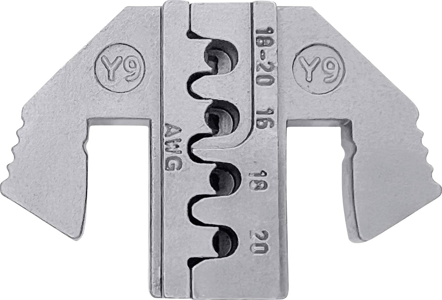 Metallisches Kabelcrimpwerkzeug mit Gravuren 'Y9' und AWG-Größen 10-20, mittig verzahnt. Hauptsächlich für Elektroarbeiten.