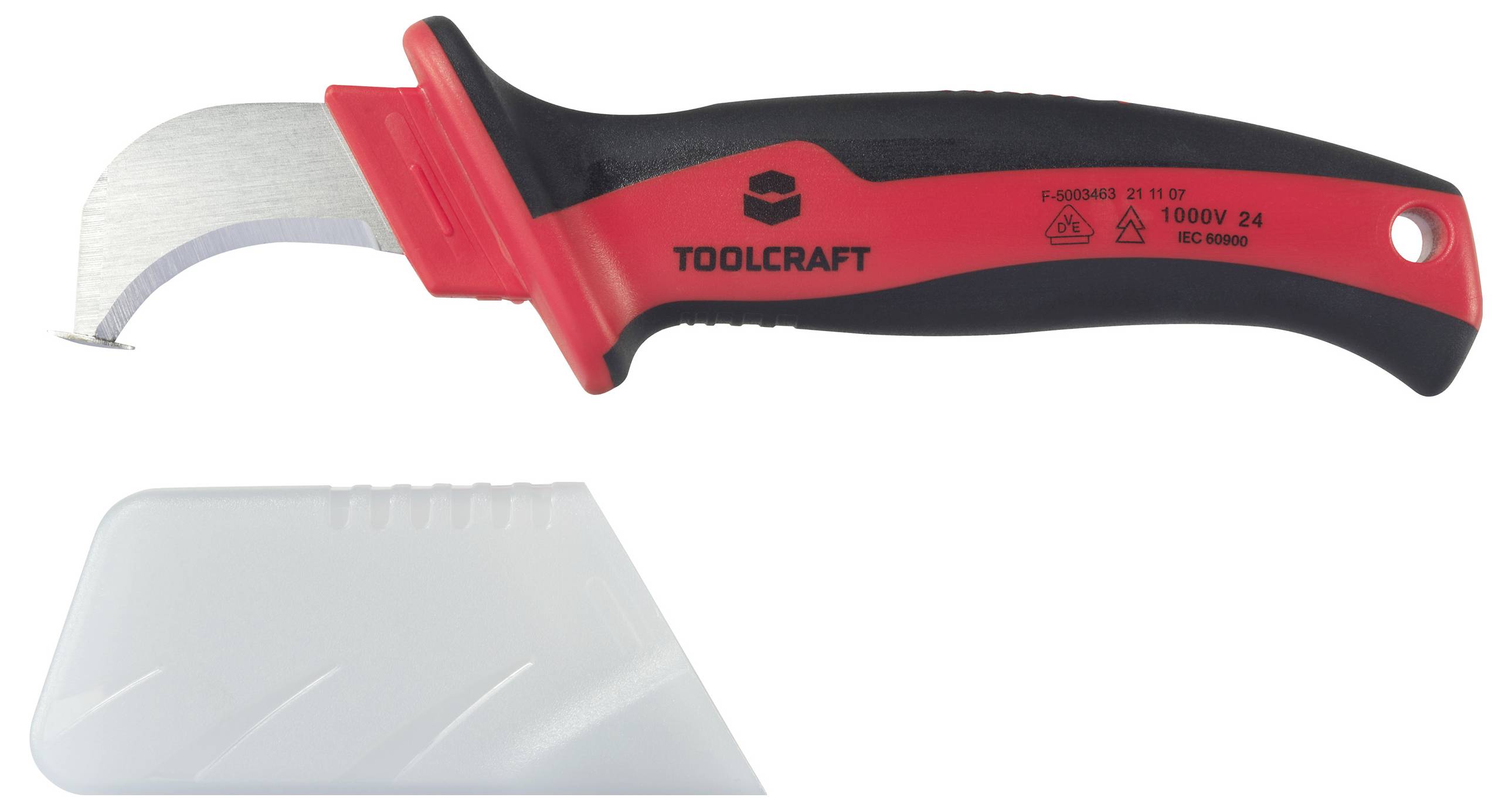 Ein rotes und schwarzes Isoliermesser von TOOLCRAFT mit gebogener Klinge, geeignet für Arbeiten bis 1000V.