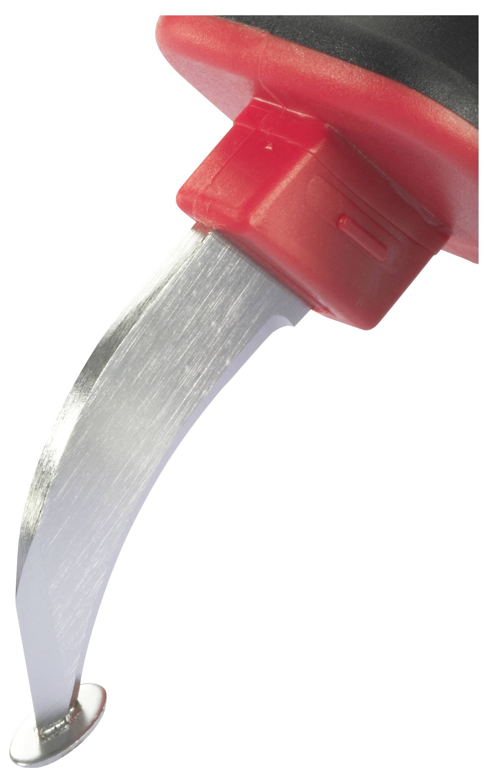 Ein roter Sicherheitsmesser mit gebogener Klinge, geeignet zum Schneiden von Verpackungen und Bändern.