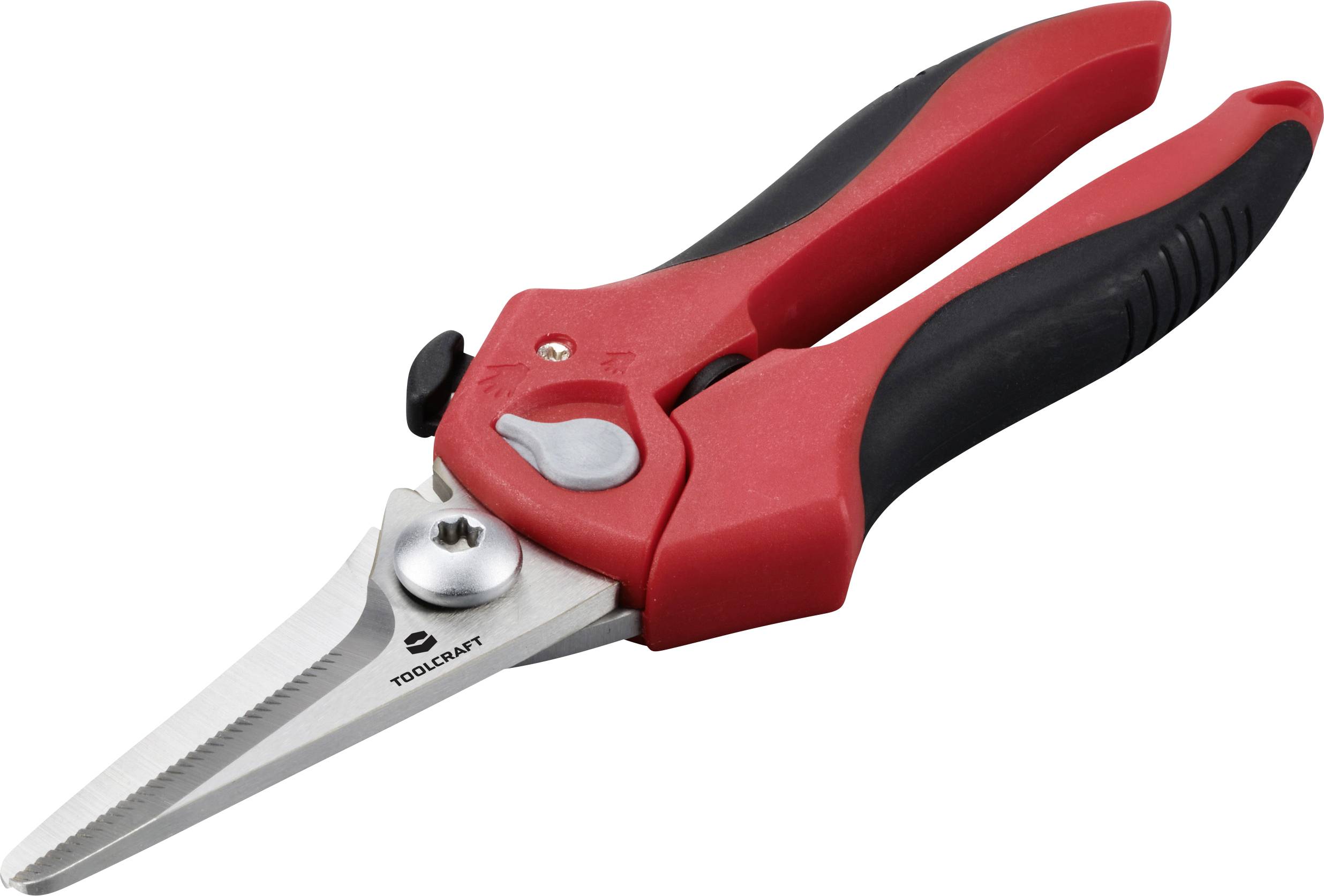 Eine rote Gartenschere mit schwarzen Griffen, ausgeklappt und seitlich gezeigt.