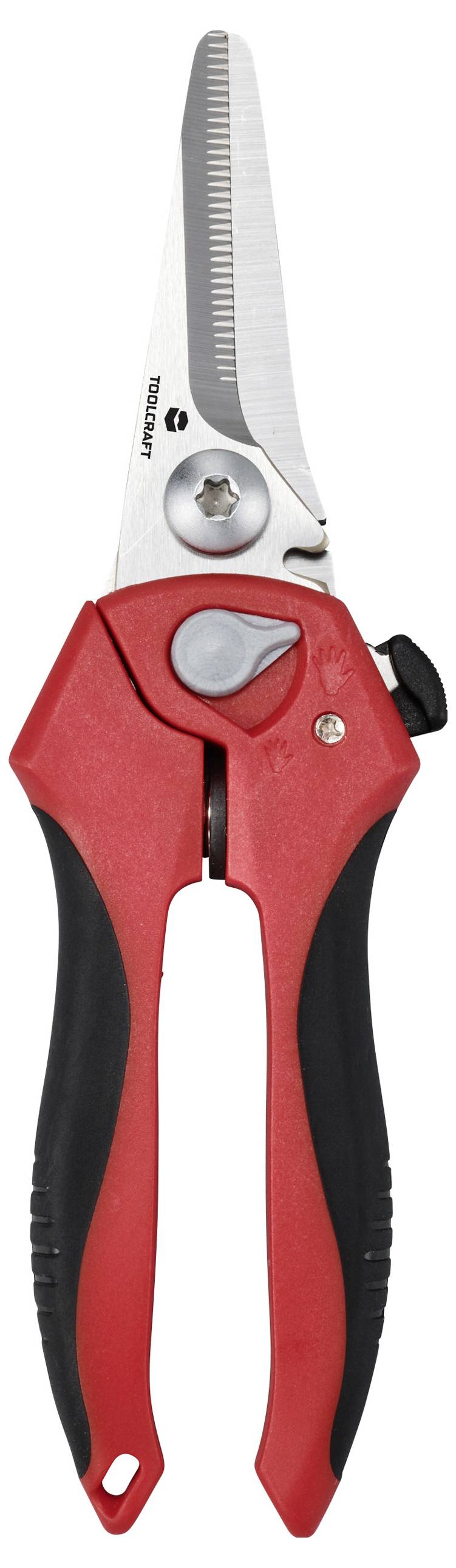 Rote Gartenschere mit schwarzen Griffen. Schneidblätter aus silberfarbenem Metall, geeignet für das Schneiden von Pflanzen.