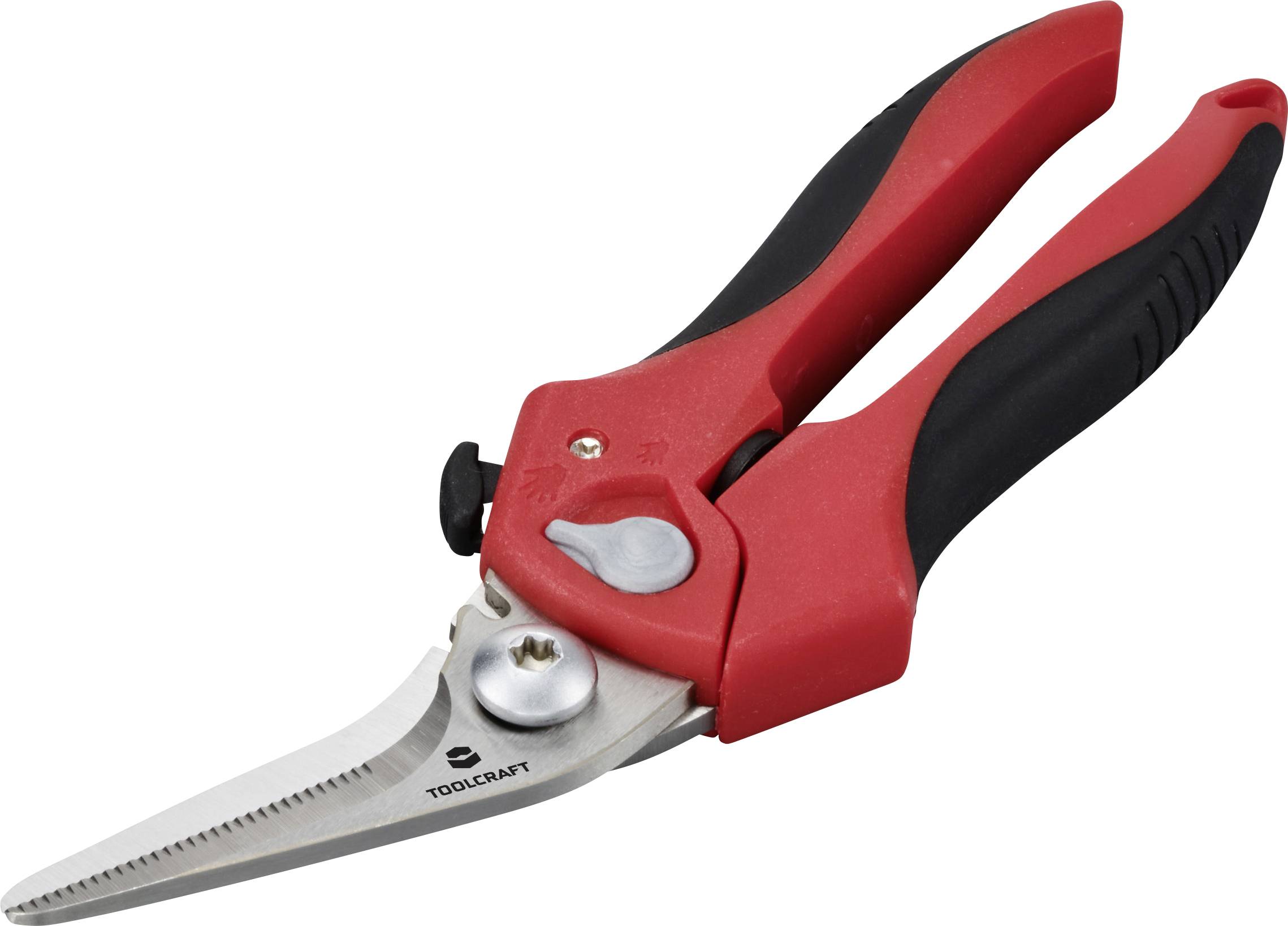 Gartenschere mit roten und schwarzen Griffen, scharfe silberne Klingen, für präzise Schnitte beim Pflanzen- oder Blumenbeschneiden.