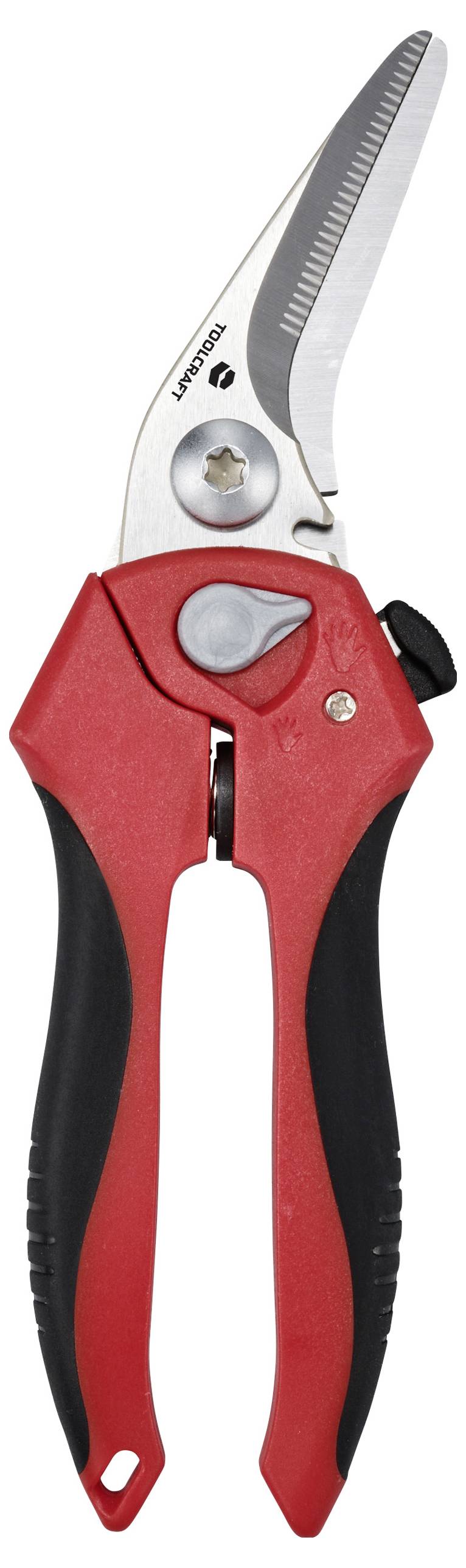 Eine rote und schwarze Gartenschere mit Edelstahlklinge, geeignet zum Schneiden von Ästen und Zweigen, auf weißem Hintergrund.