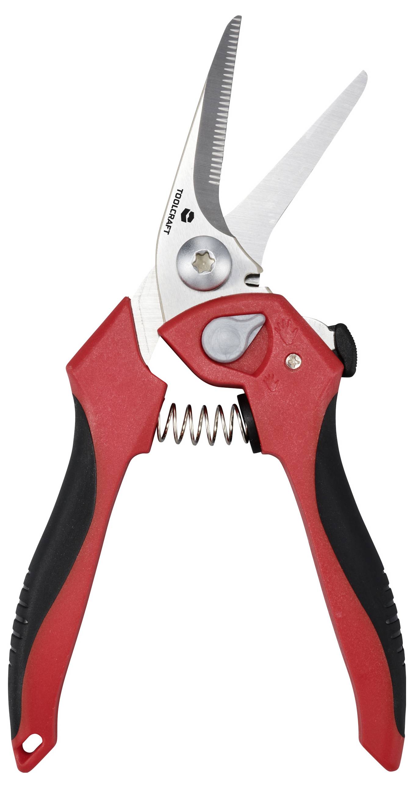 Rote und schwarze Gartenschere mit gezahnter Klinge und ergonomischem Griff.