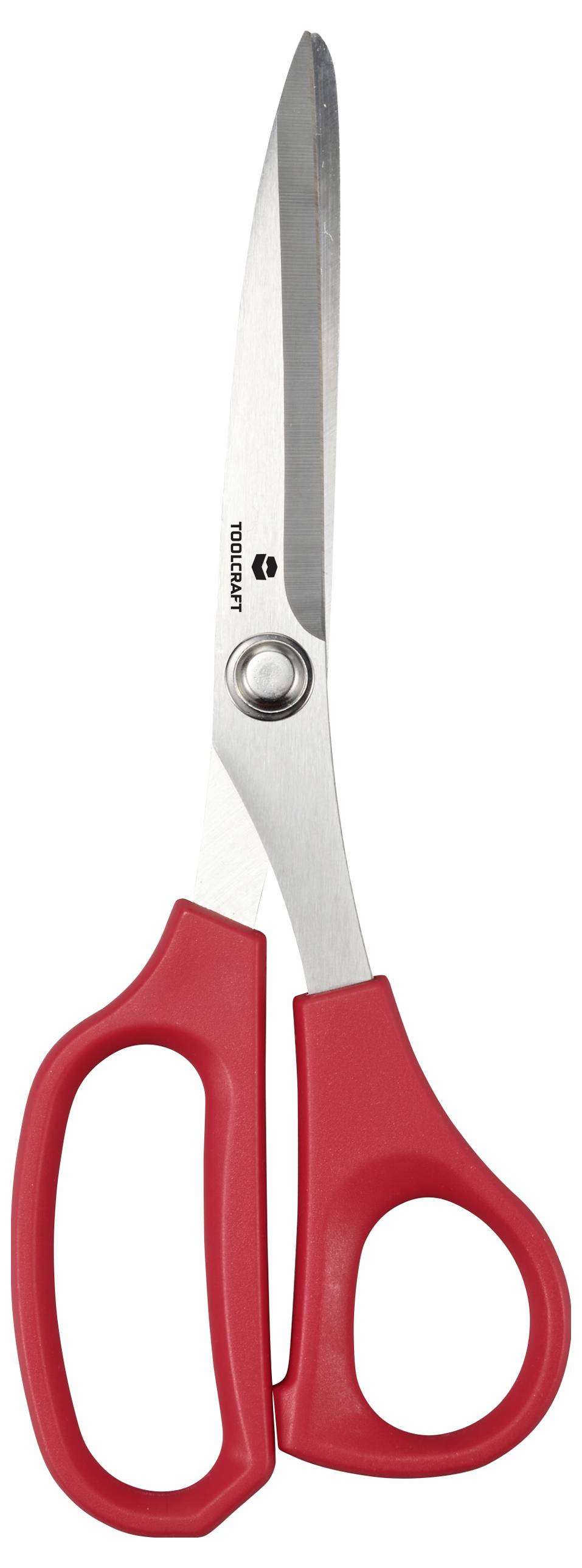 Eine rote Schere mit silberner Klinge in offener Position, geeignet für allgemeine Schneidearbeiten.