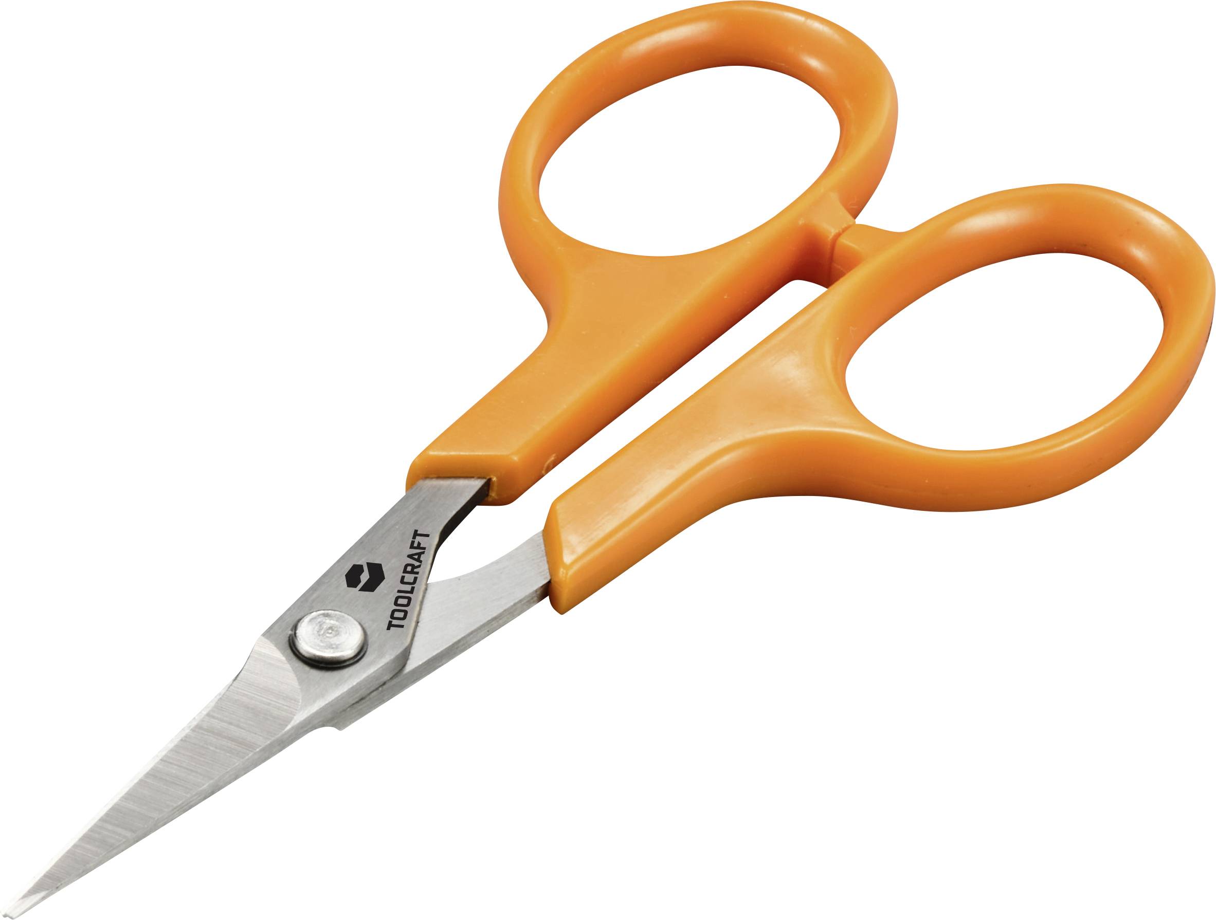 Schere mit orangefarbenen Griffen, kompakte Größe, spitze Klingen, geeignet für präzises Schneiden in Handwerksprojekten.