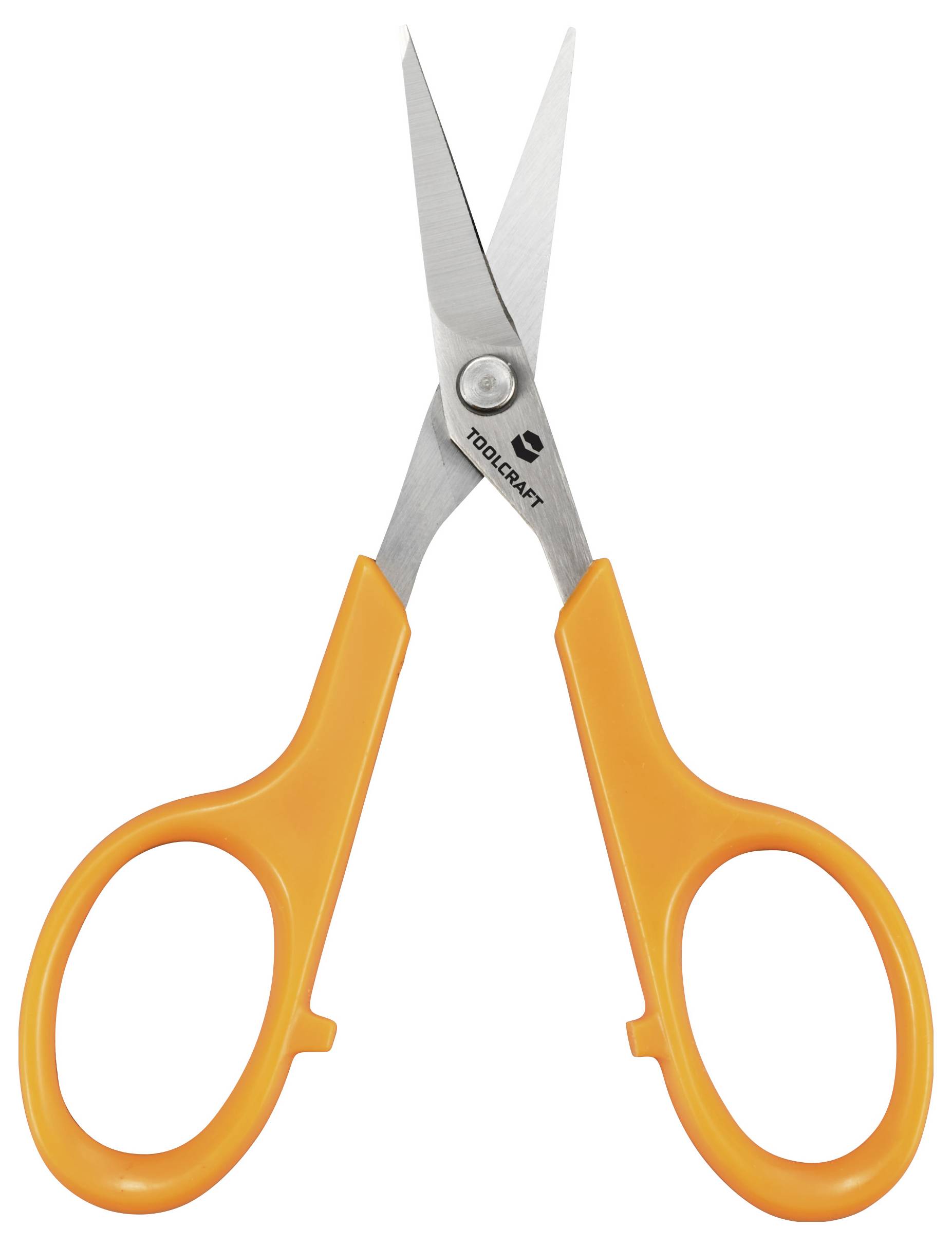 Eine kleine Schere mit orangefarbenen Griffen, geöffnet.
