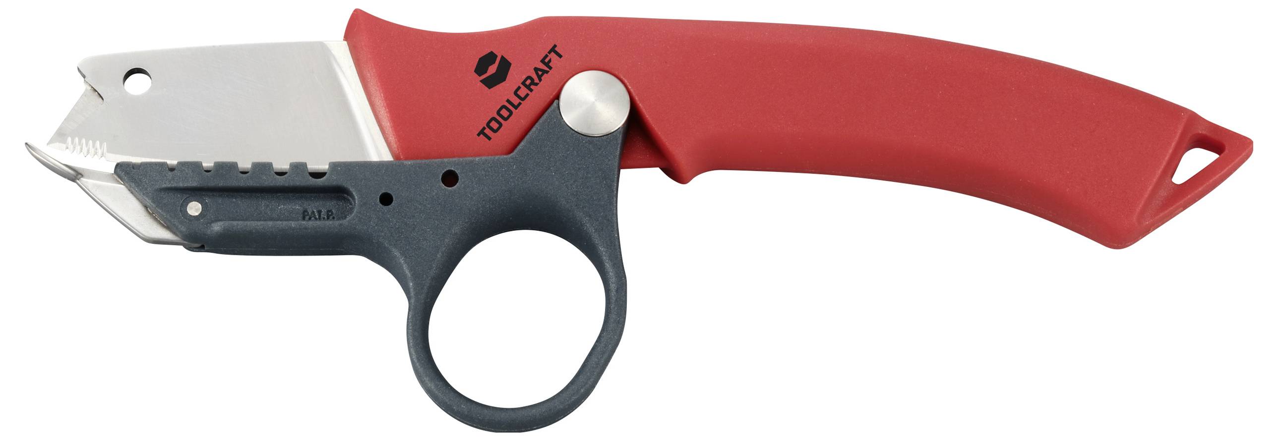 Universalmesser mit rotem Griff und stabilem Klingenhalter, geeignet zum Schneiden von robusten Materialien.