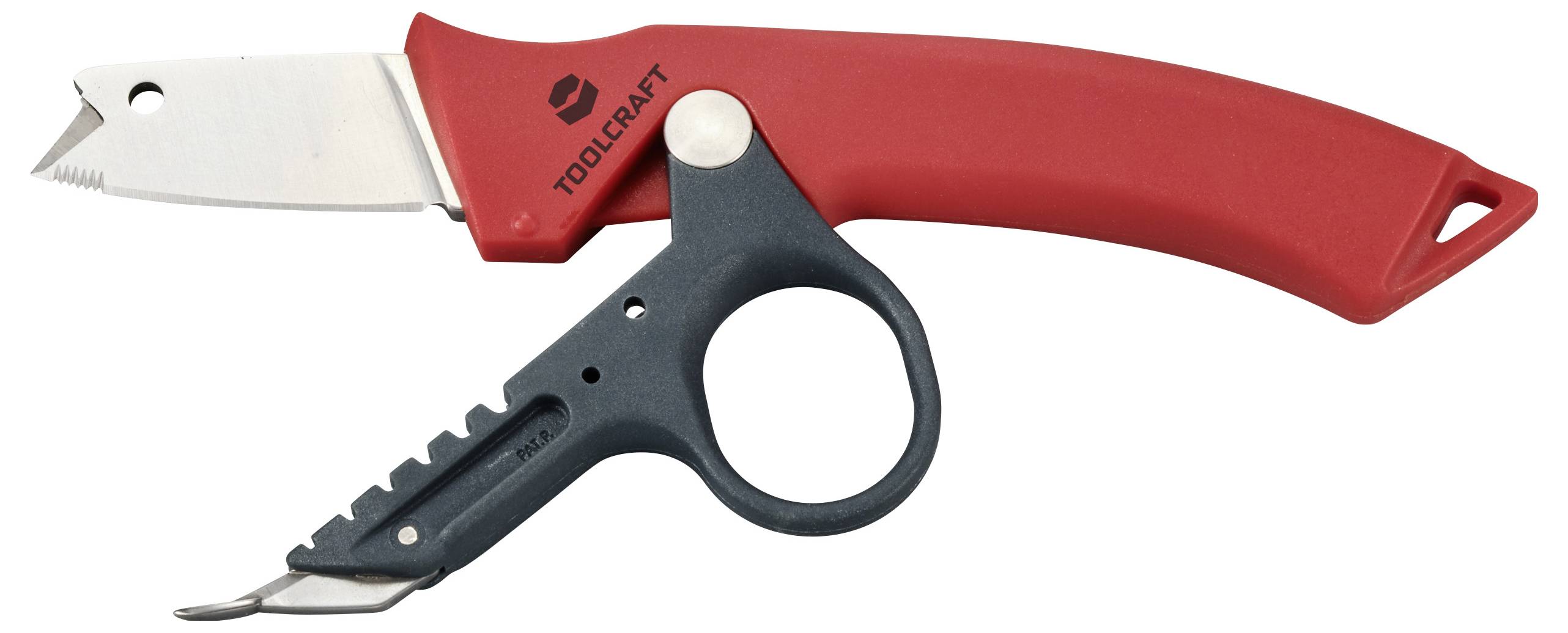 Ein rotes Abisoliermesser mit einem extra Werkzeug zur Kabelbearbeitung an der Klinge. Geeignet für verschiedene Elektroinstallationen.