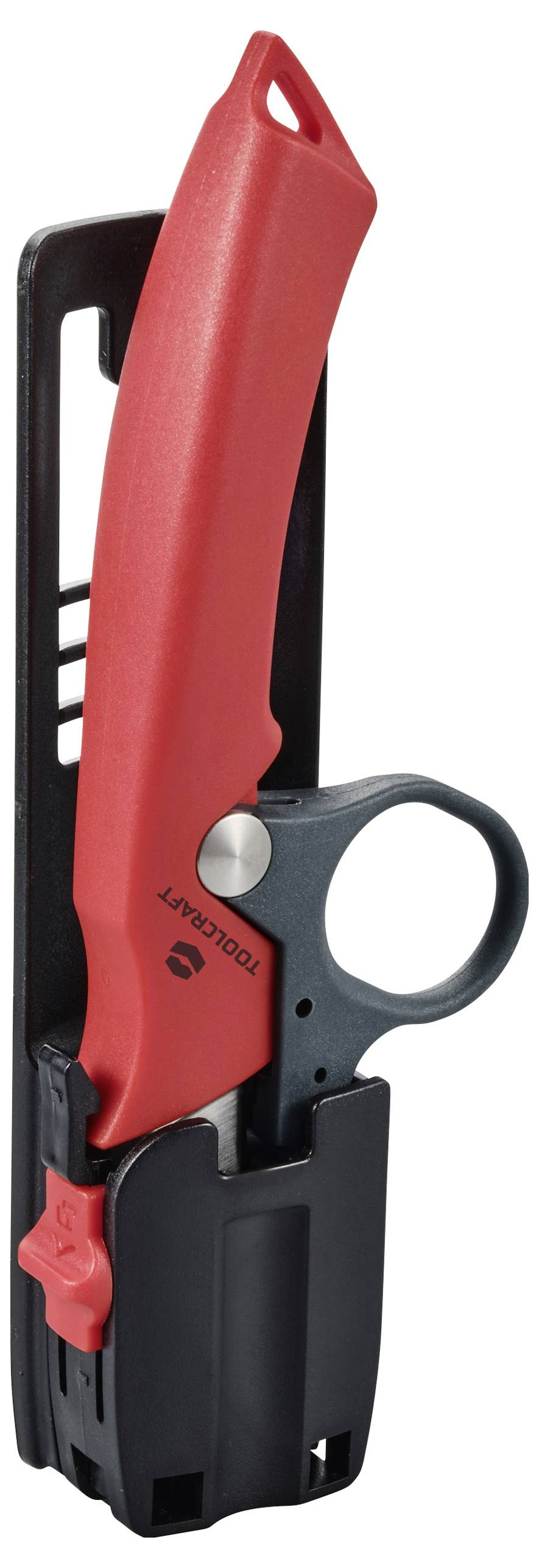 Rotes Sicherheitsmesser mit schwarzer Schutzhülle.