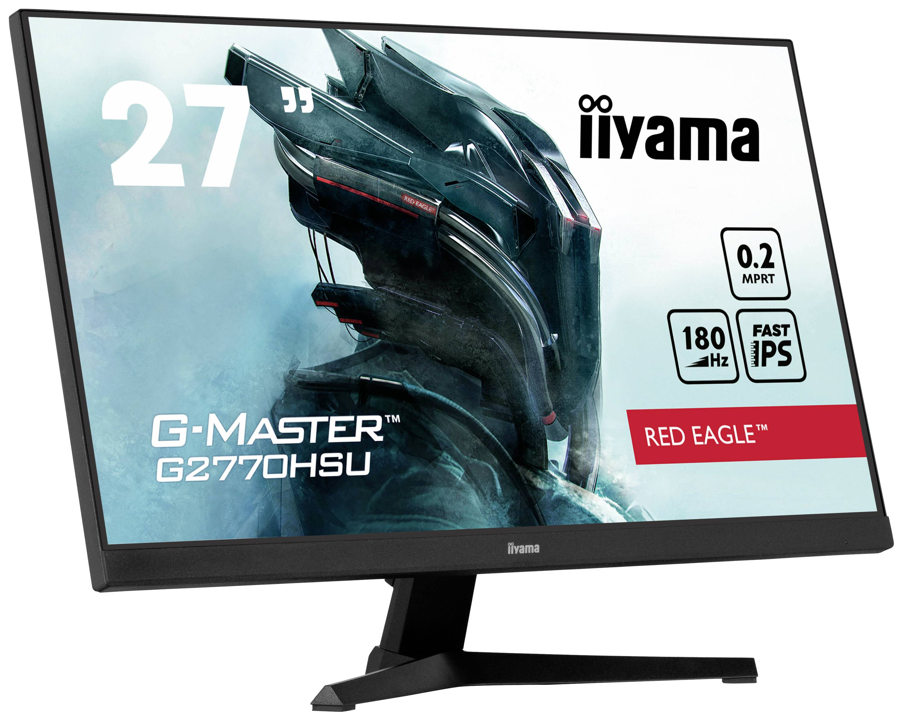 Ein Computermonitor zeigt ein futuristisches Roboterbild mit den Spezifikationen 'G-Master G2770HSU, 27 Zoll, 0.2 ms MPRT, 180 Hz, Fast IPS, Red Eagle', von iiyama.