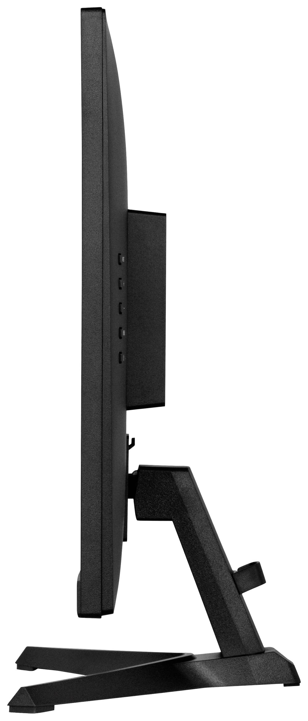 Seitliche Ansicht eines dünnen Computermonitors auf einem stabilen Standfuß, zeigt das schlanke Design und die minimalistische Bauweise.