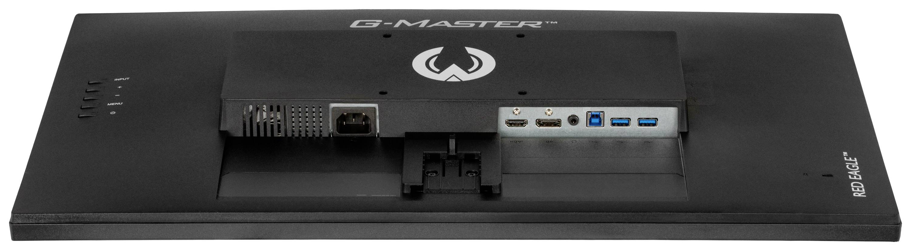Rückansicht eines Monitors mit mehreren Anschlüssen, darunter HDMI, DisplayPort und USB, auf einem schwarzen Gehäuse.