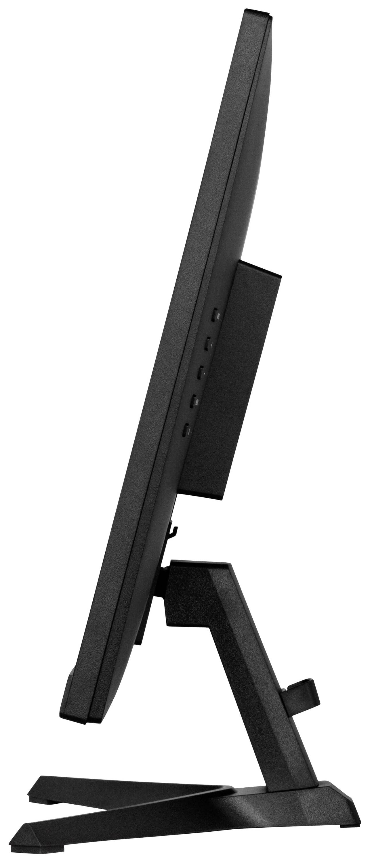 Ein seitlich fotografierter Computerbildschirm, der auf einem Standfuß steht. Keine sichtbaren Bild- oder Textinhalte auf dem Monitor.