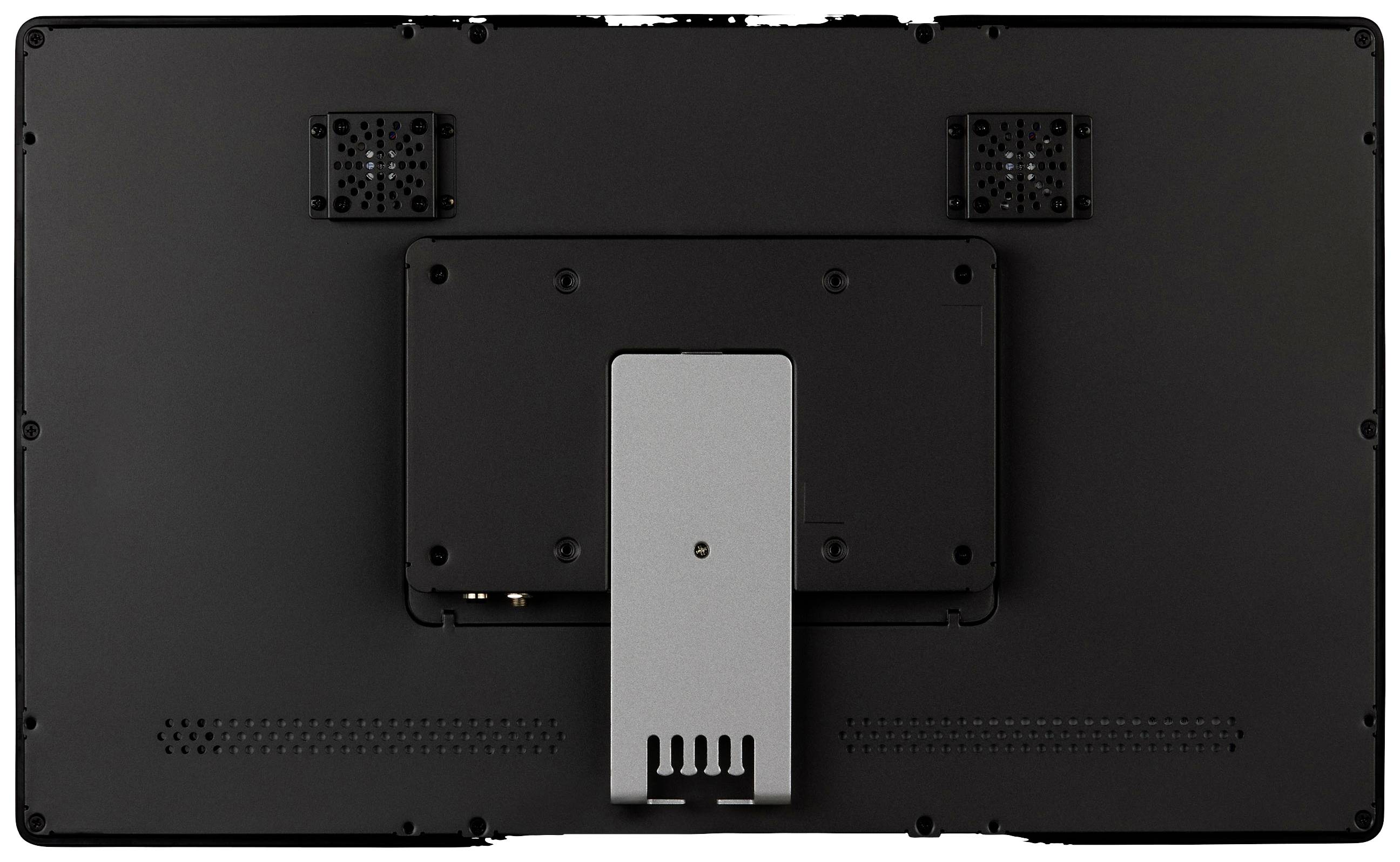 Rückansicht eines schwarzen Monitors mit zentrale Halterung und Lüftungsschlitzen an den beiden oberen Ecken.