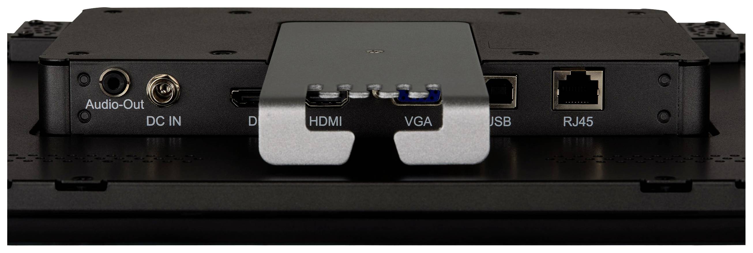 Rückansicht eines Geräts mit Anschlüssen: Audio-Out, DC IN, DisplayPort, HDMI, VGA, USB und RJ45.