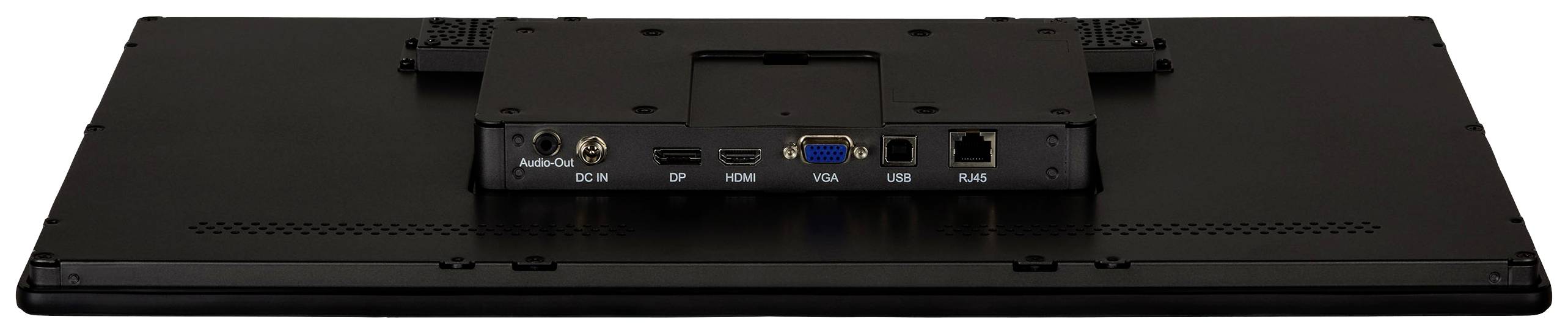 Rückansicht eines Monitors mit Anschlüssen: HDMI, VGA, DisplayPort, USB, Netzkabel und LAN.
